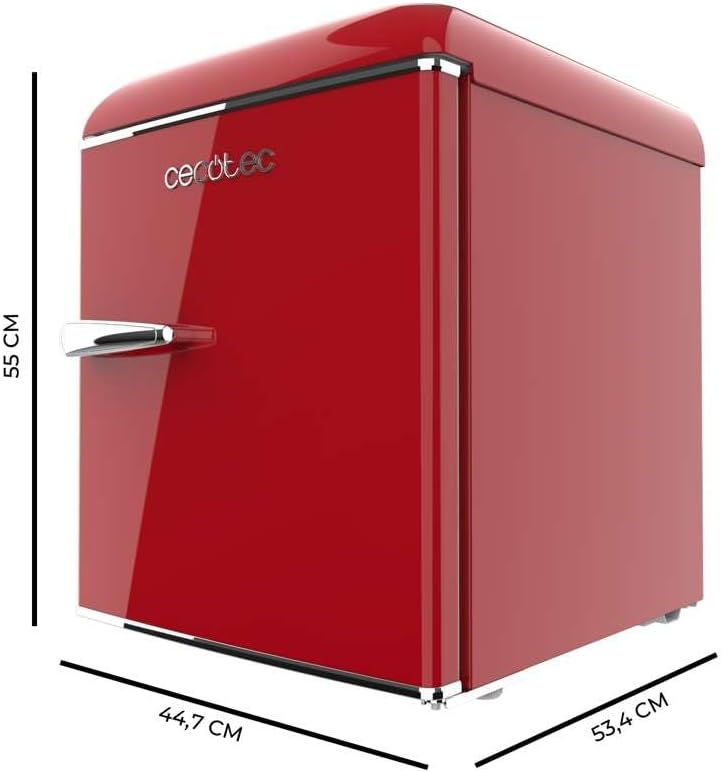 Cecotec Mini Frigo Bolero CoolMarket TT Origin 45 Rouge. Frigorífico de mesa retro de 45 l, 55 cm de alto, 44,7 cm de ancho, clase energética E, cubitera y tirador cromado, rojo