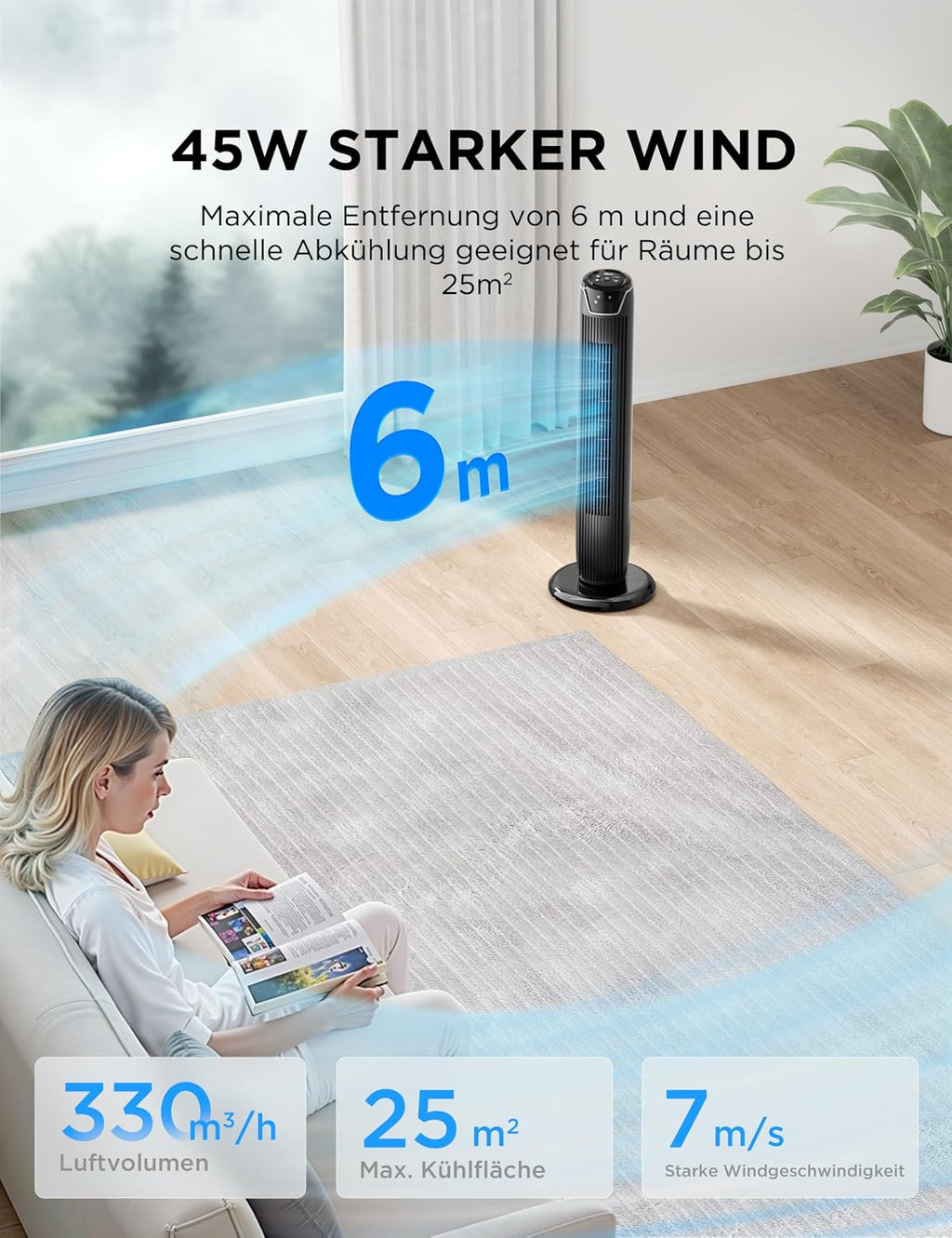 Ventilador de torre Midea FZ10-17JR silencioso con mando a distancia 92 cm, ventilador móvil, ventilador de columna, temporizador de 7 horas, 3 modos, 3 velocidades, ventilador de pie 45 W, negro