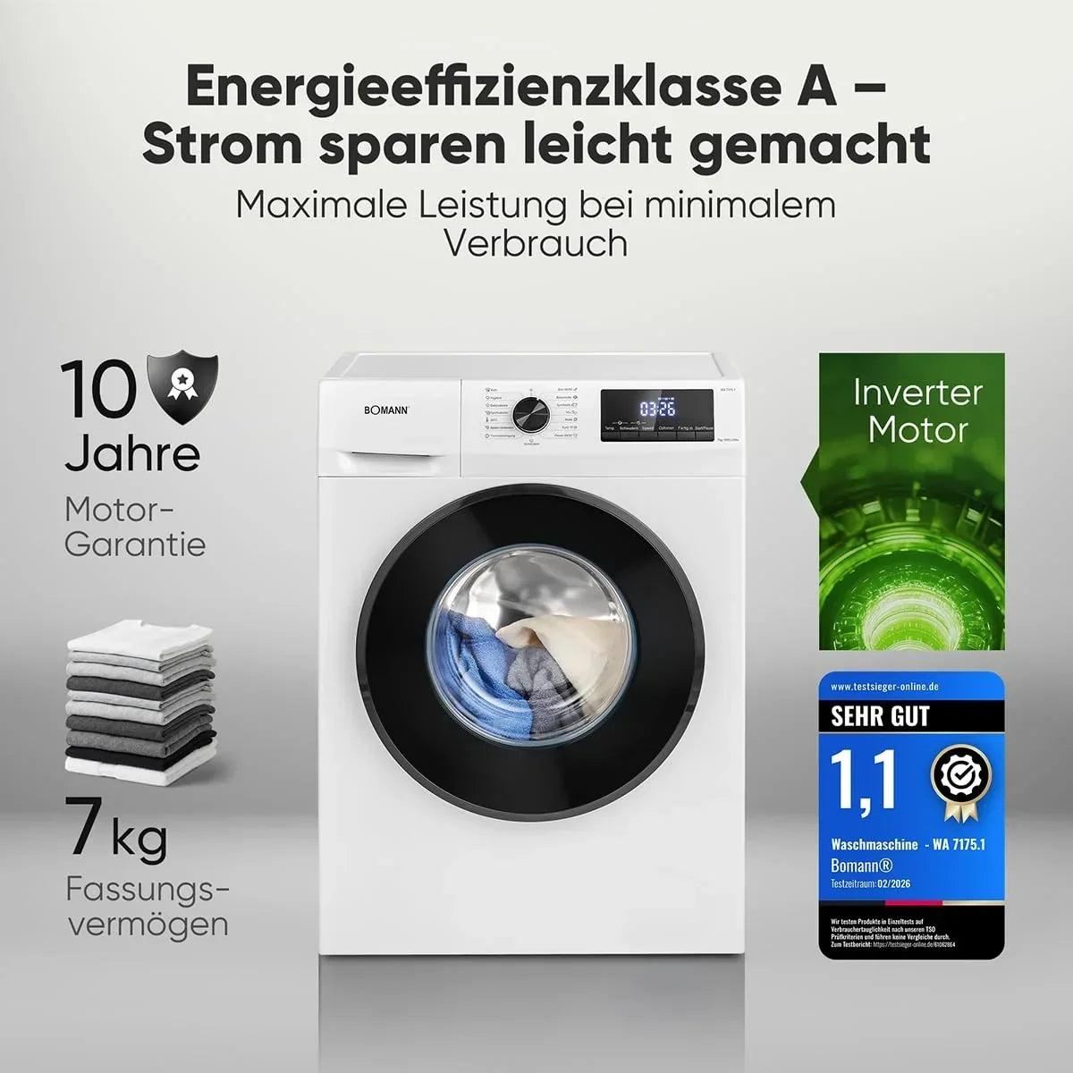 Lavadora Bomann 7 kg, 1400 rpm, motor inverter, 10 años de garantía, 15 programas, inicio diferido, WA 7175.1, clase energética A