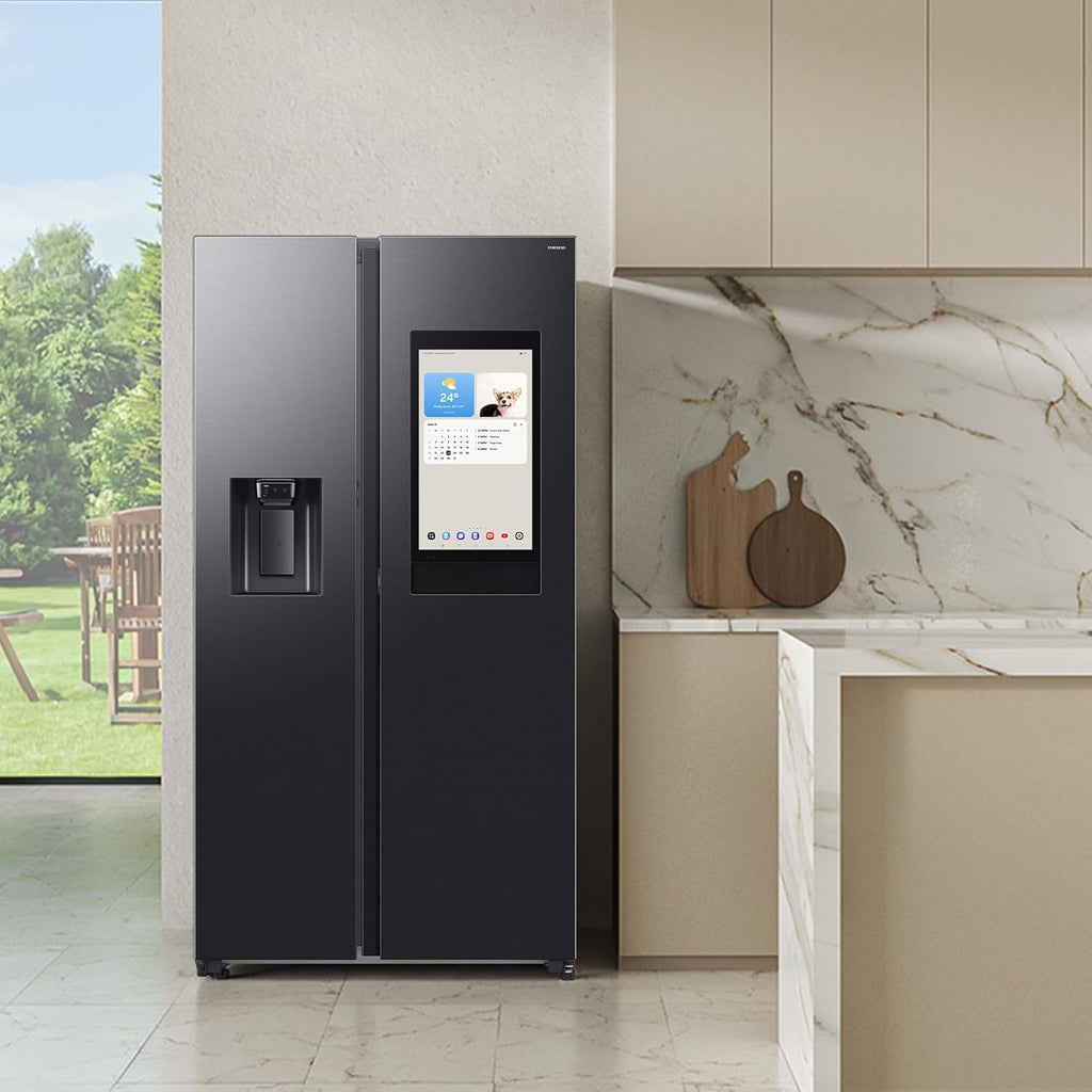 Frigorífico americano Samsung RS90F66BEFEF, frigorífico AI con congelador, 178 cm, 614 l, dispensador de hielo/agua con conexión a la red, Family Hub, AI Energy & Voice Control, acero inoxidable negro