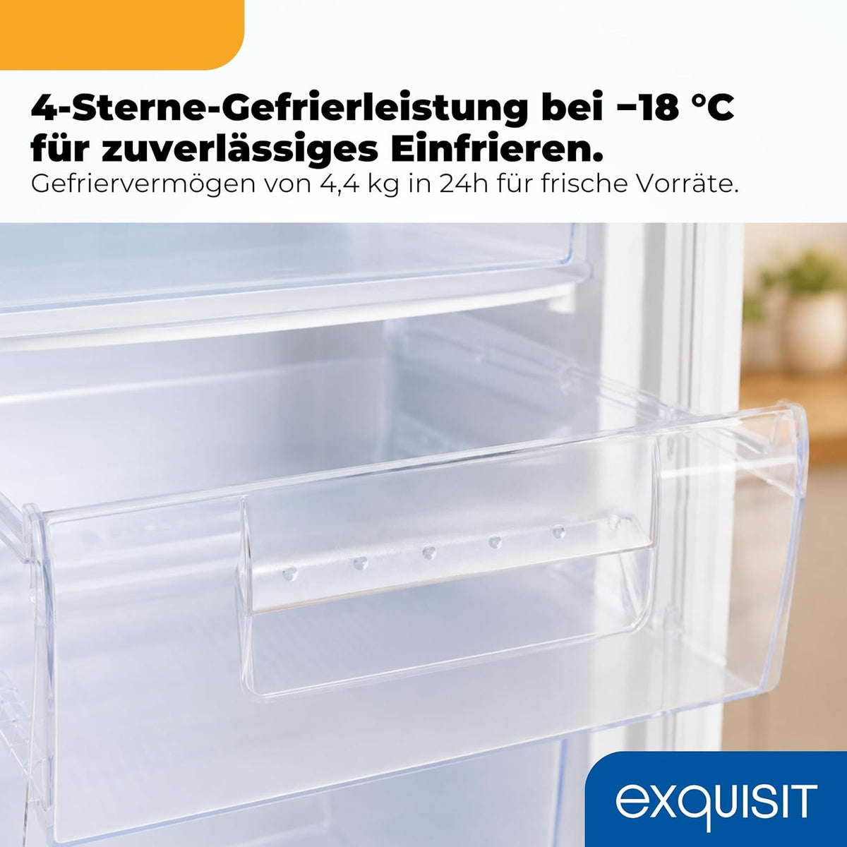 Congelador Exquisit | 91 l de capacidad útil, clase de eficiencia energética E, 40 dB(A) | diseño compacto, congelación de 4 estrellas, control manual de temperatura, puerta reversible | GS512-040E blanco