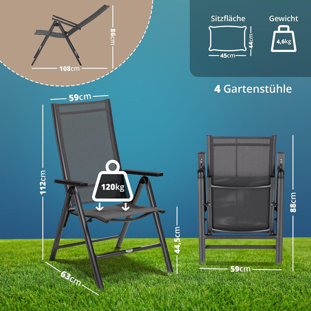 Set de 4 sillas de jardín de respaldo alto KHG, silla plegable de aluminio, respaldo ajustable en 8 posiciones con reposabrazos, gris antracita resistente a la intemperie e inoxidable, soporta 120 kg, silla de balcón, premontada, tejido sintético