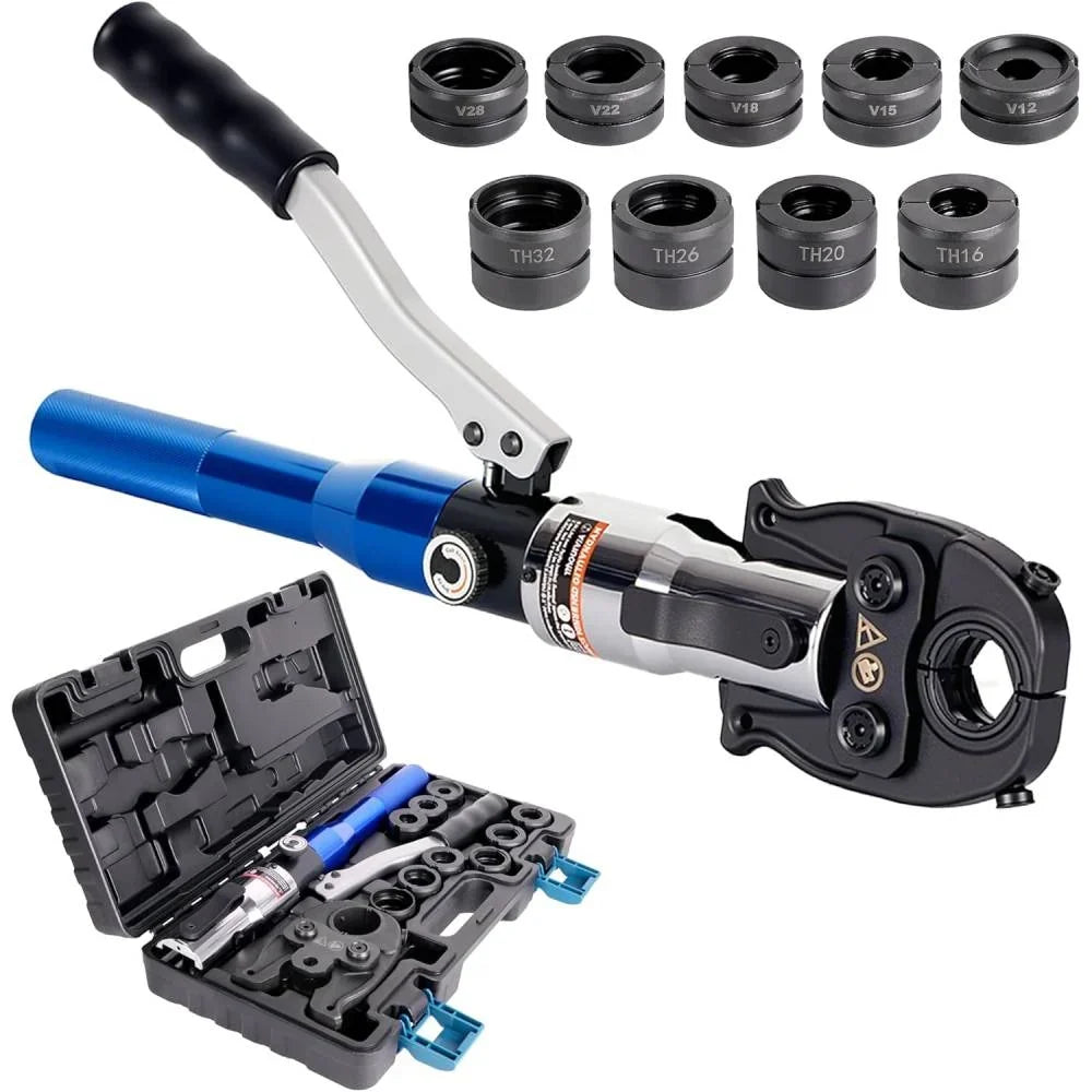 Alicate prensador hidráulico con perfiles V y TH para cobre, acero inoxidable y tuberías multicapa con 9 mordazas V12-V28 TH16-TH32 80 kN