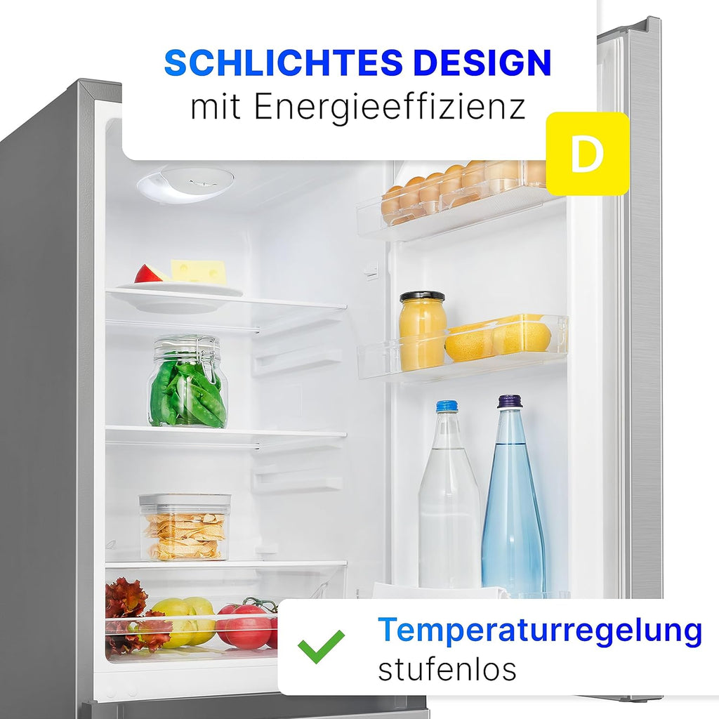 Refrigerador con congelador Bomann® de 143 cm de altura | Frigorífico combi de 175 L con 3 estantes y 3 cajones | Sentido de apertura de puerta reversible | Frigorífico combi silencioso de 39 dB | Frigorífico KG 322.1 aspecto inox