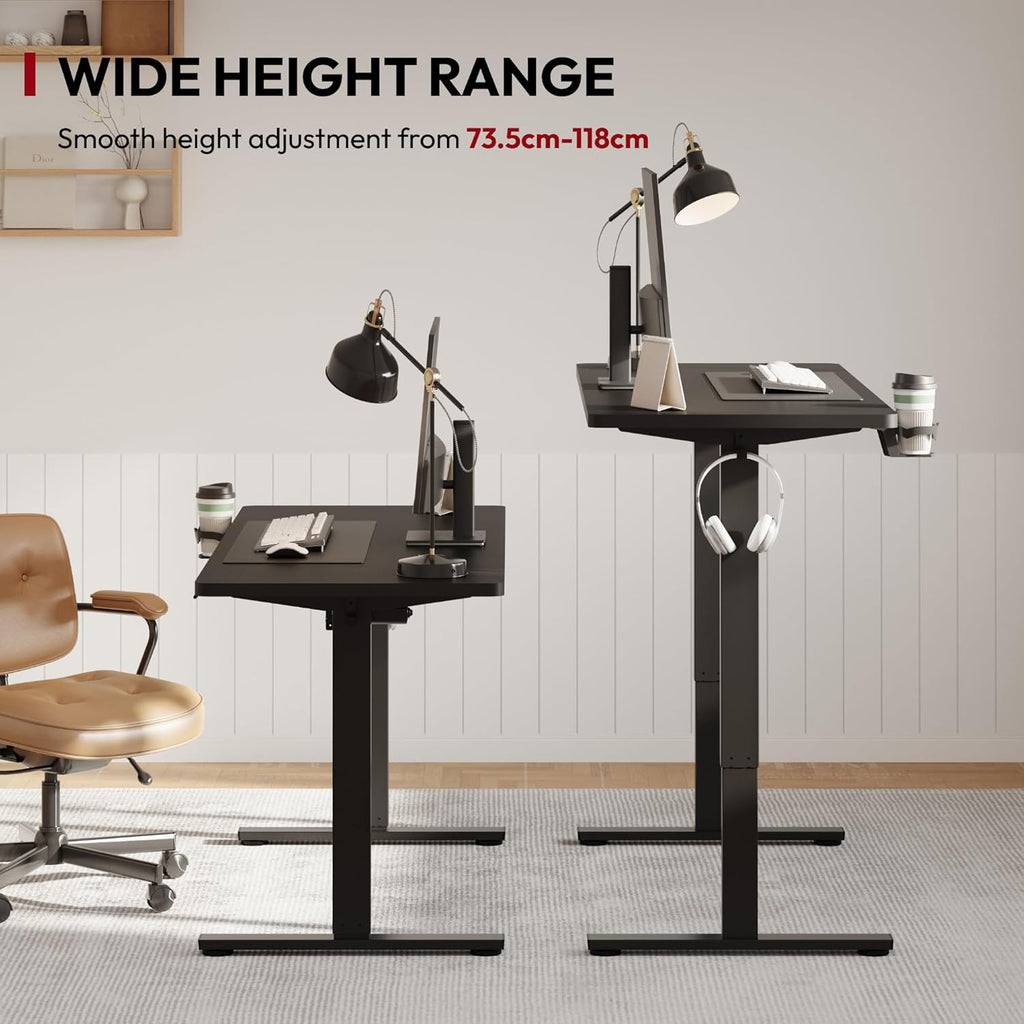 Escritorio de altura regulable SANODESK 140 x 60 cm incl. 4 accesorios: portavasos, gancho, caja de almacenamiento y gestión de cables, con función de memoria, para oficina y entretenimiento, negro