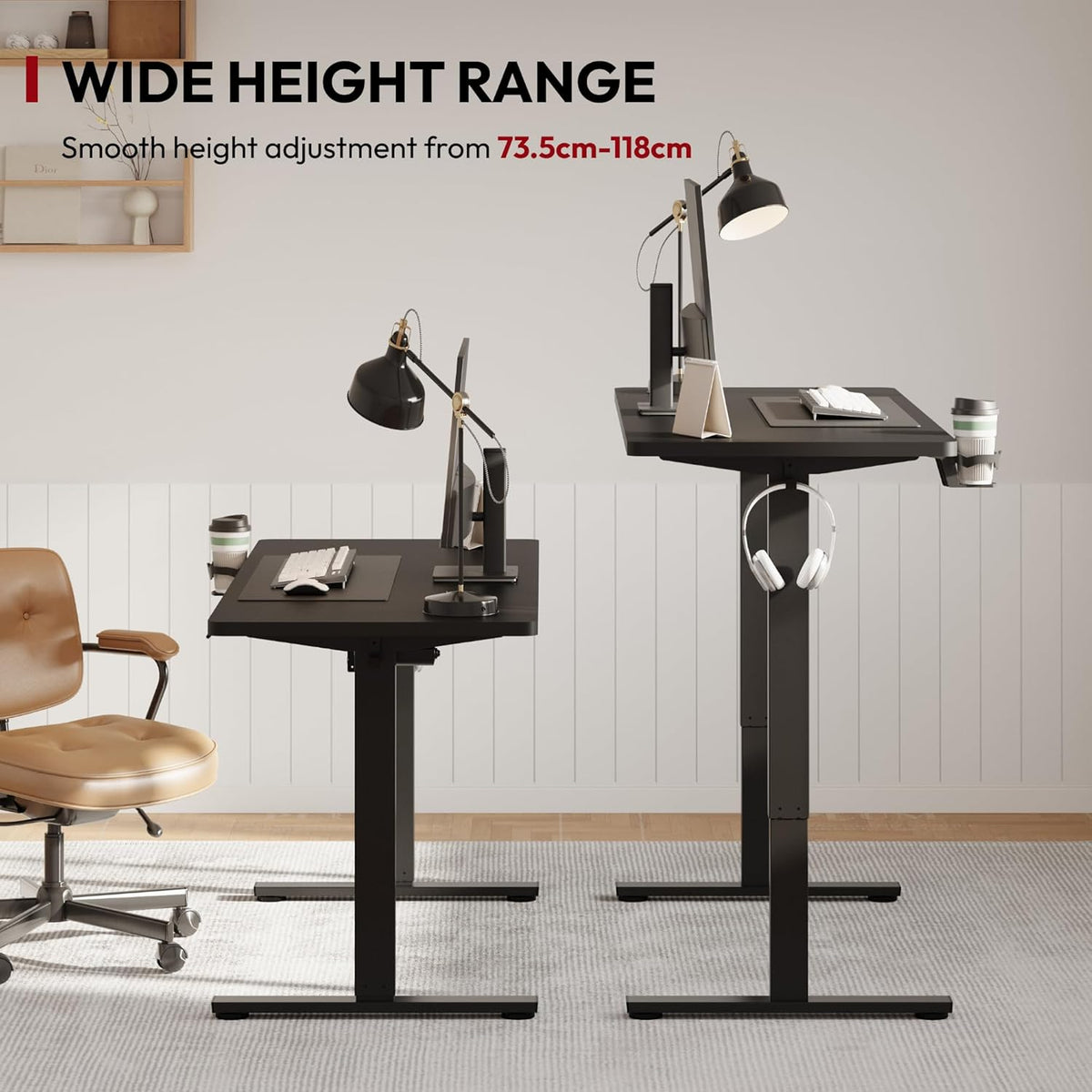 Escritorio de altura regulable SANODESK 140 x 60 cm incl. 4 accesorios: portavasos, gancho, caja de almacenamiento y gestión de cables, con función de memoria, para oficina y entretenimiento, negro