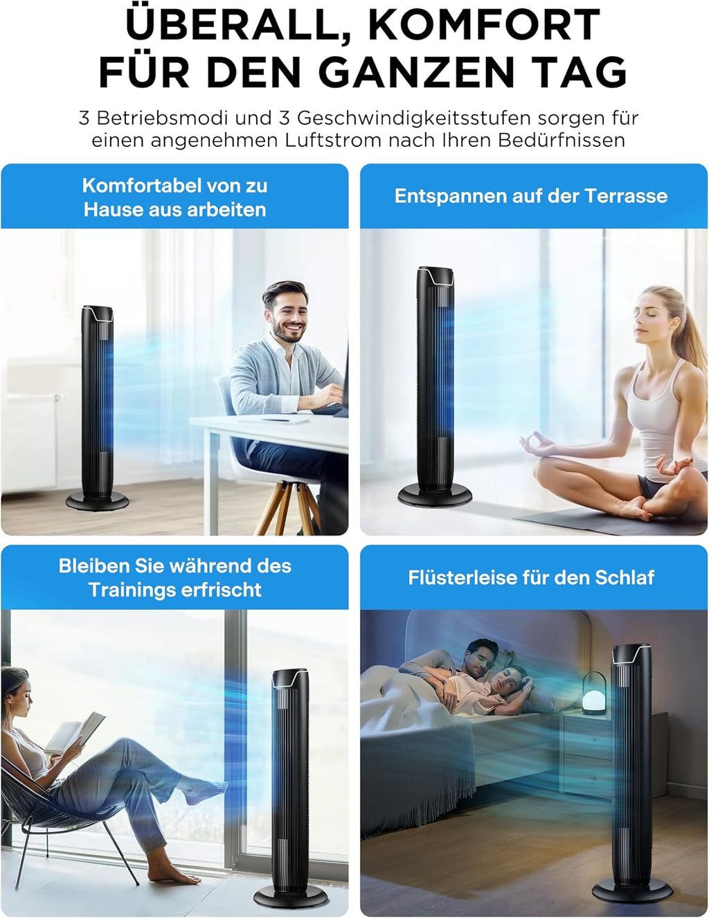Ventilador de torre Midea FZ10-17JR silencioso con mando a distancia 92 cm, ventilador móvil, ventilador de columna, temporizador de 7 horas, 3 modos, 3 velocidades, ventilador de pie 45 W, negro