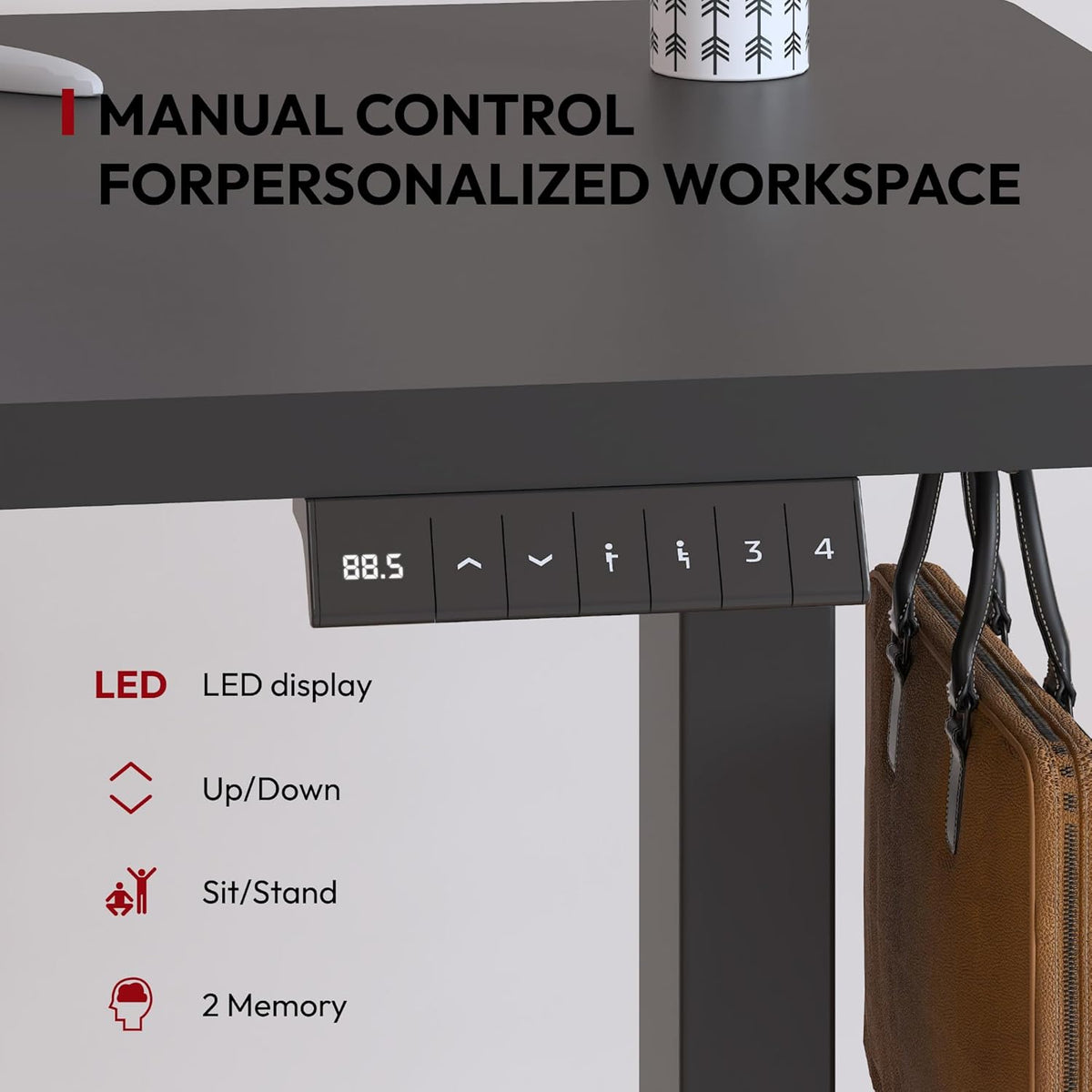 Escritorio de altura regulable SANODESK 140 x 60 cm incl. 4 accesorios: portavasos, gancho, caja de almacenamiento y gestión de cables, con función de memoria, para oficina y entretenimiento, negro