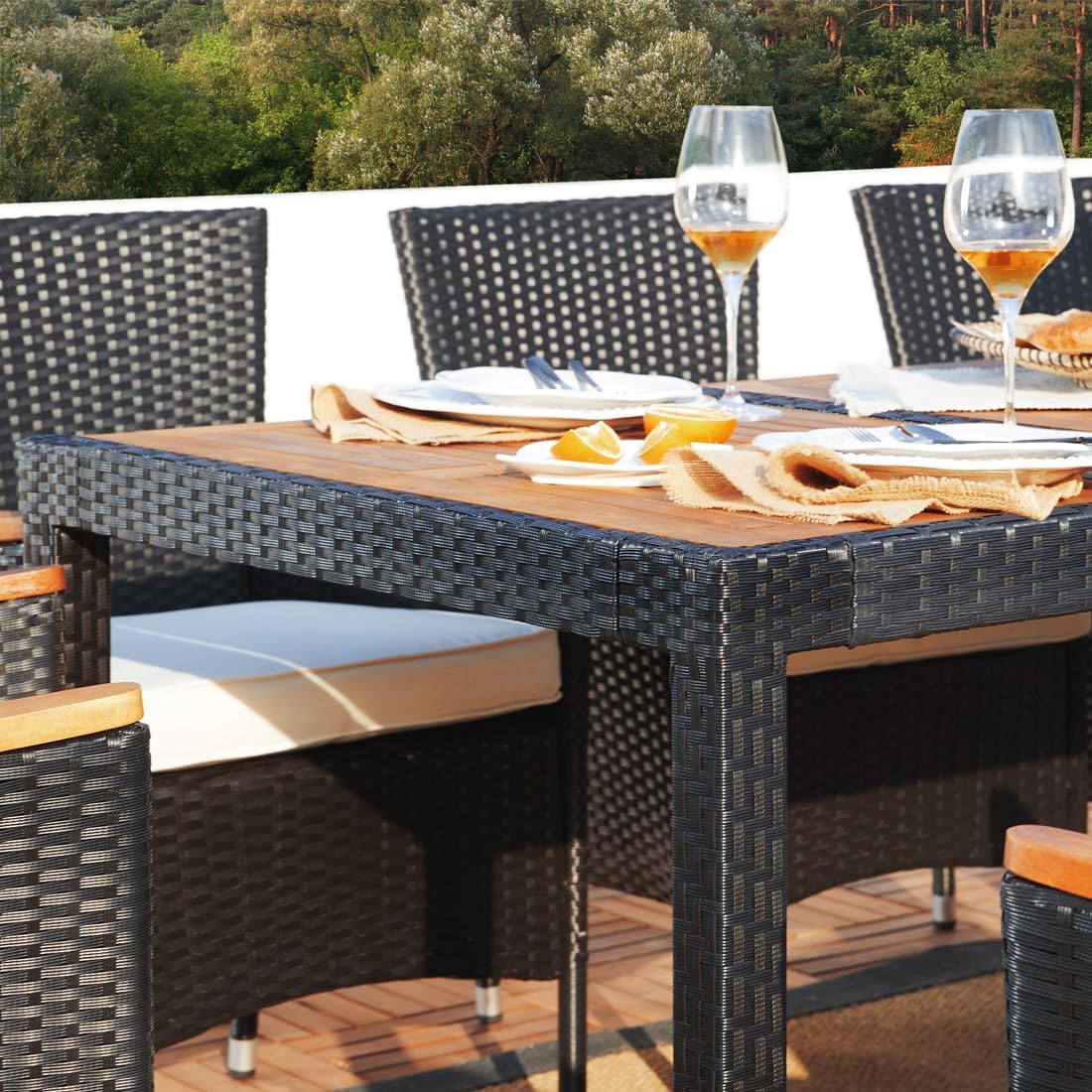 Conjunto de muebles de jardín Casaria®: 8 sillas con cojines de 7 cm, mesa, 2 respaldos ajustables, muebles de terraza para exteriores, polirratán, resistente a la intemperie, madera de acacia, comedor, jardín, balcón, salón.