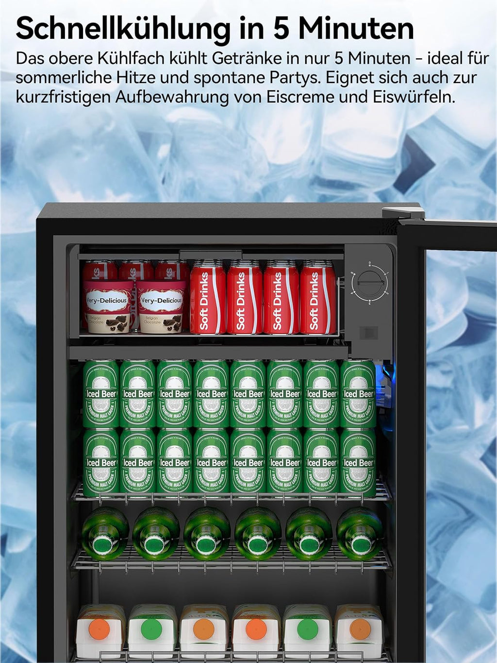 Devoko Refrigerador de bebidas con puerta de cristal, mininevera de 93 L, con luces LED RGB, estantes ajustables, para interior/exterior, para el hogar, oficina, fiestas y hostelería, minibar, refrigerador negro