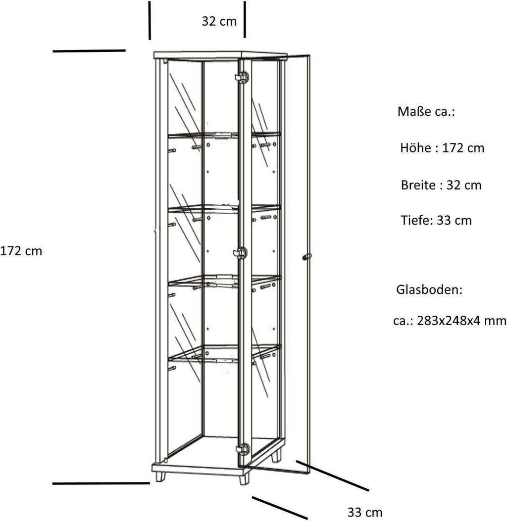 Vitrina de cristal VR-Wohnwelten (172x32x33 cm) en blanco con 4 estantes de cristal, espejo y LED - Vitrina para coches de colección blanca - Armario vitrina blanco - Vitrina para coleccionistas blanca - Mueble de salón estantería armario de pared