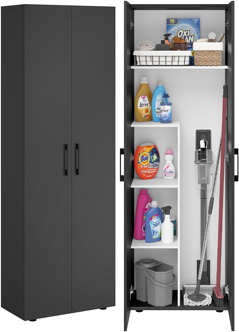 Armario multiusos Bellamio Apol - Armario para escobas en negro - Despensa con compartimento para aspiradora - Armario de limpieza de madera - Armario de pasillo con espacio de almacenamiento - Armario para el hogar - Armario multiusos 176x33x60