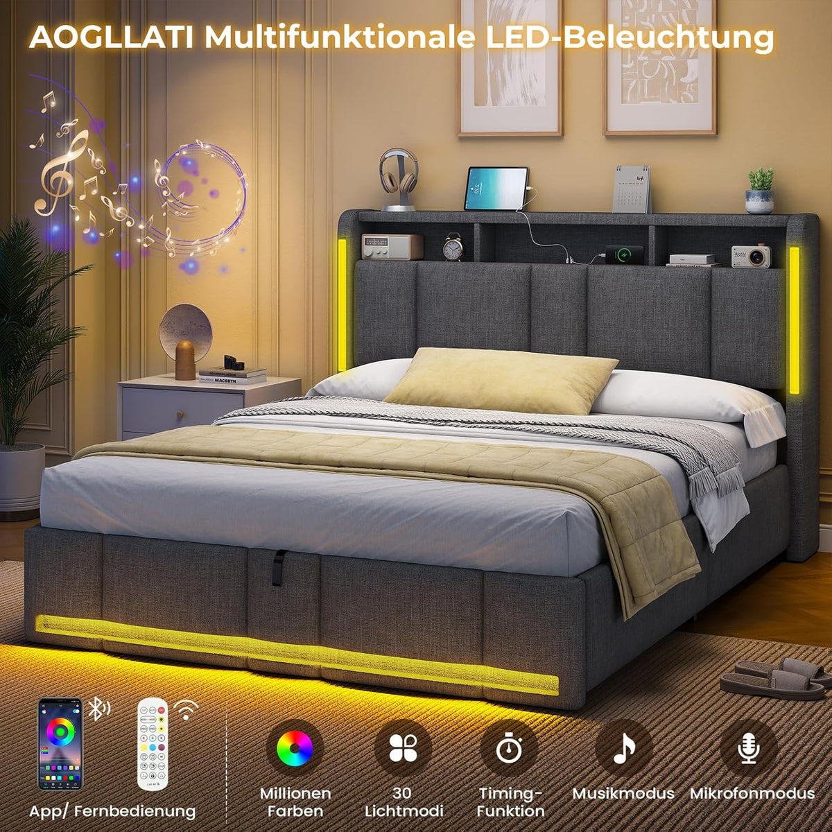 AOGLLATI Cama tapizada de matrimonio 140x200 con arcón, cama con almacenamiento hidráulico, iluminación LED y enchufes, cama 140x200 cm con cabecero con almacenaje, somier de láminas, lino, gris oscuro (sin colchón)