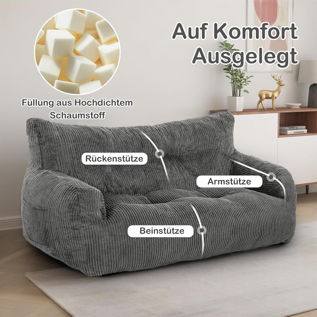 Puf Pamapic, puf para adultos con relleno, sillón doble tipo lounge con asa portátil, puf ergonómico moderno, silla tipo puf para interiores para sala de estar, dormitorio, sala de juegos, gris