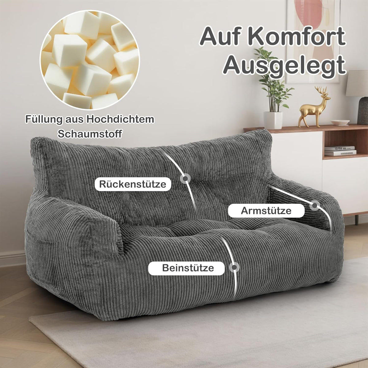 Puf Pamapic, puf para adultos con relleno, sillón doble tipo lounge con asa portátil, puf ergonómico moderno, silla tipo puf para interiores para sala de estar, dormitorio, sala de juegos, gris