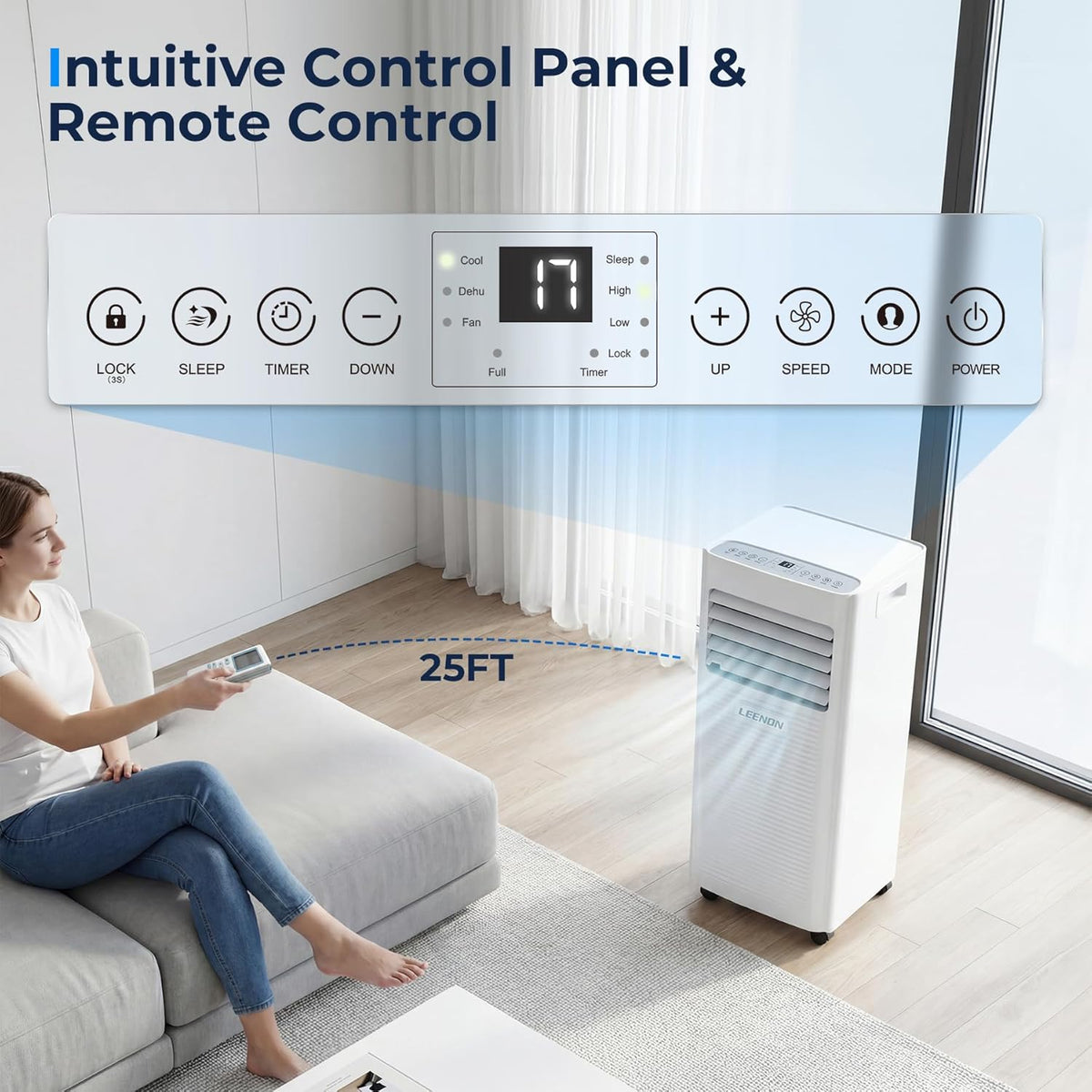 Aire acondicionado portátil LEENON 9000 BTU, 4 en 1: refrigeración, deshumidificación, modo ventilador y modo sueño, climatizador móvil de 2,6 kW con tubo de escape, mando a distancia/temporizador de 24h, para habitaciones de hasta 35 m²