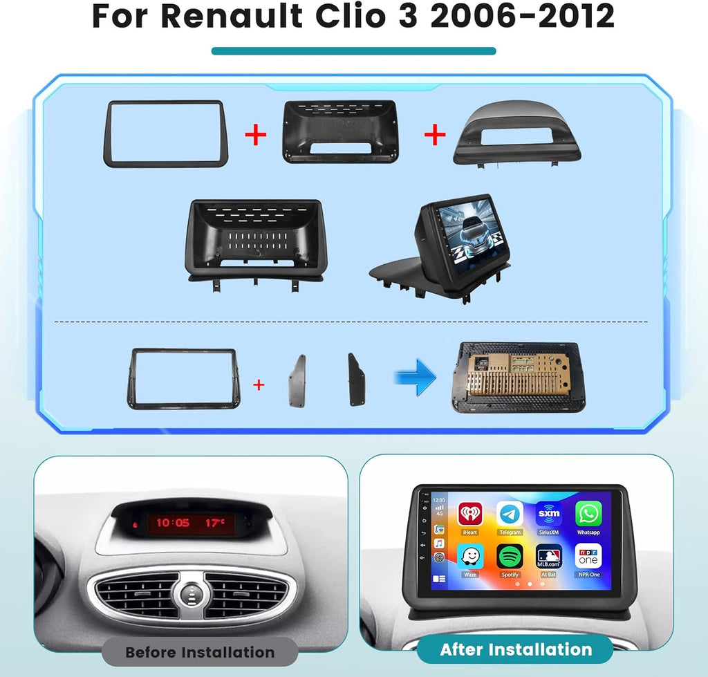 Hikity Autoradio 2+64G para Renault Clio 3 2005-2014 con Carplay Android Auto, pantalla táctil de 9 pulgadas Android 15, radio con Mirror Link, FM/RDS, EQ, WiFi, Bluetooth, GPS, SWC y cámara