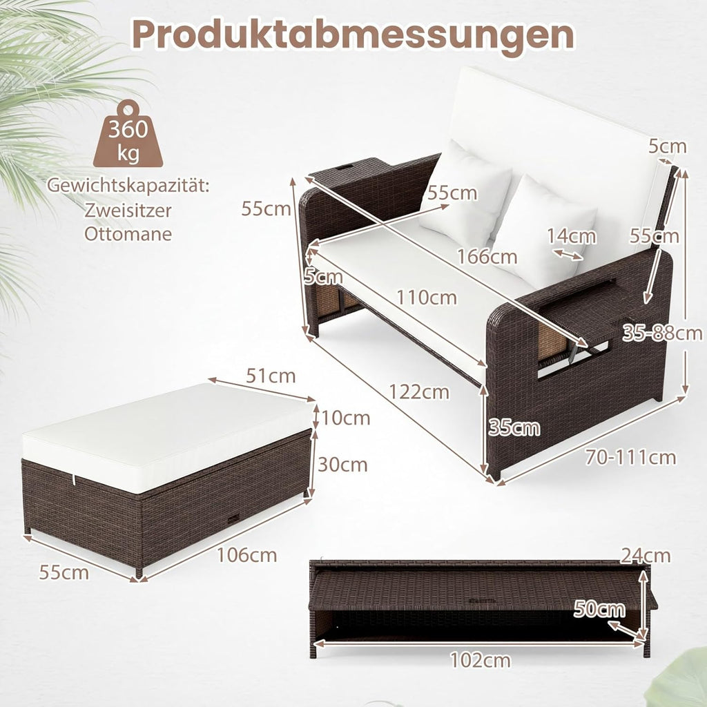 COSTWAY Tumbona de poliratán 3 en 1, tumbona de jardín con respaldo ajustable y bandejas laterales, cama lounge, tumbona doble con cojines, sofá de jardín con función de reclinado, taburete y espacio de almacenamiento (Beige)