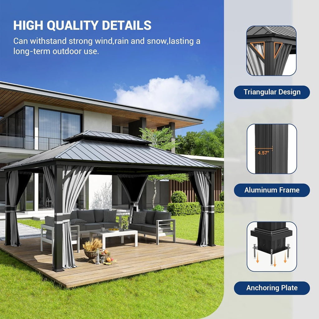 Amopatio 3,65 x 4,85 m Cenador de jardín impermeable, estable y resistente al invierno, cenador de techo rígido, cenador de aluminio con doble techo de acero galvanizado con mosquitera y cortinas para jardín, terraza, césped, gris