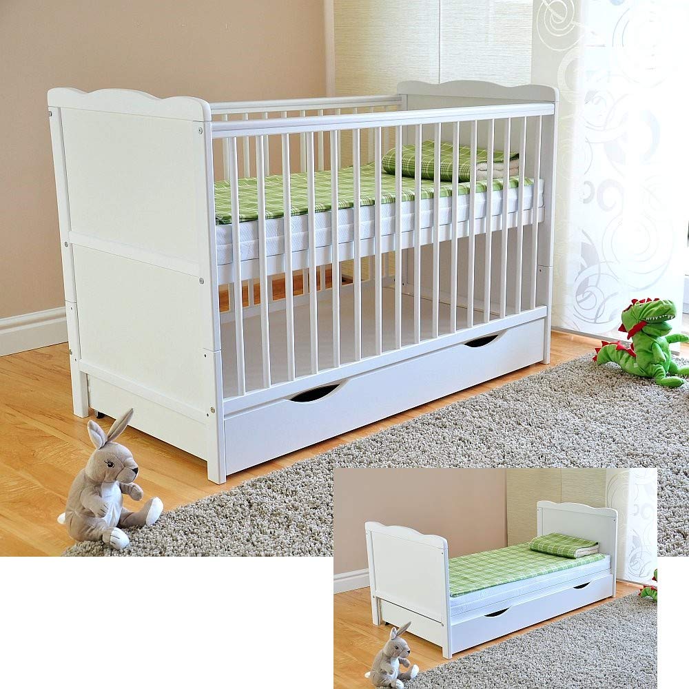 Cuna con cajón, altura regulable en 3 posiciones, colchón de aloe vera de 6 cm, protectores de dentición, convertible en cama infantil, 120 x 60 cm, blanco