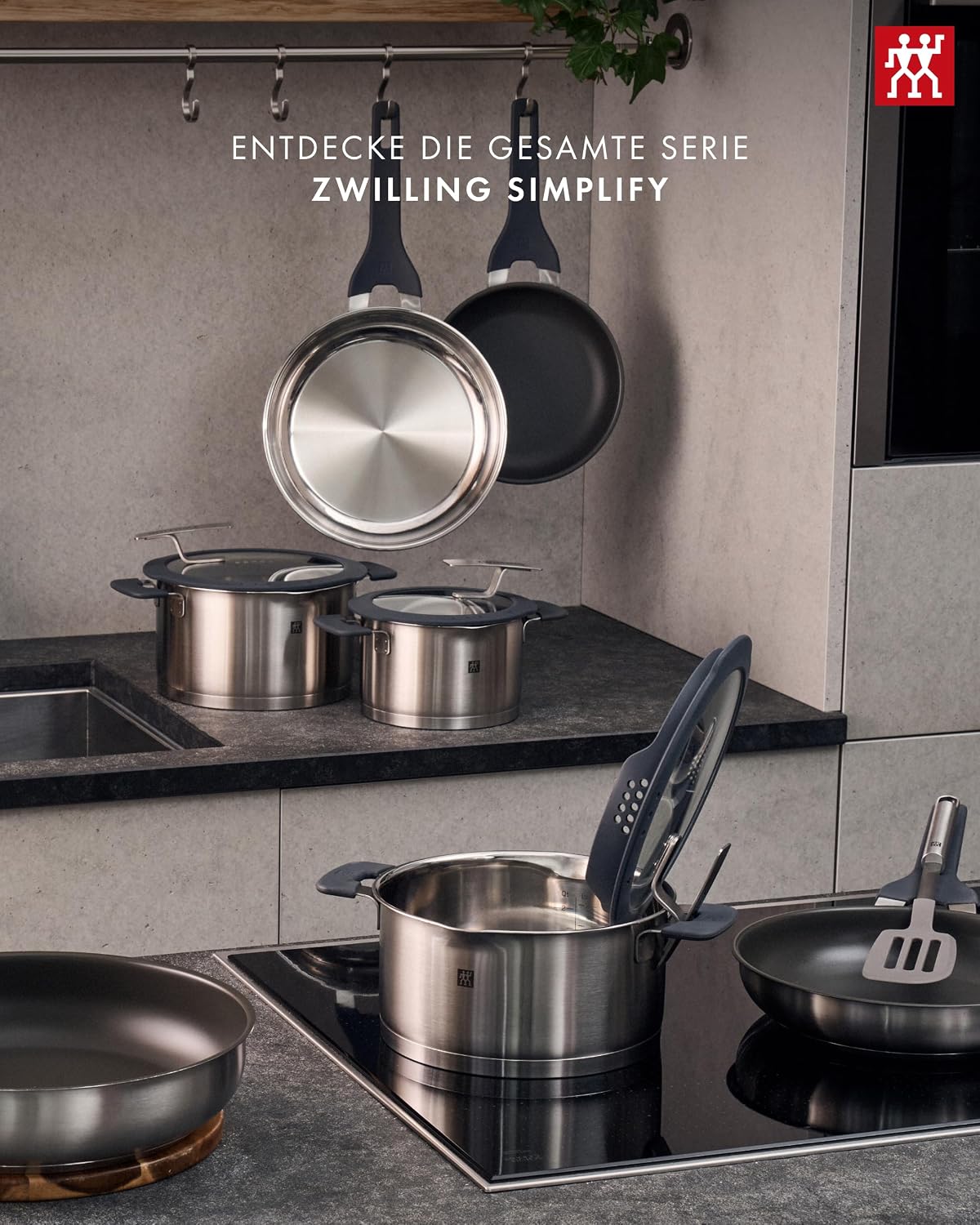 Set de ollas ZWILLING Simplify de 5 piezas, colador integrado, inducción, gris