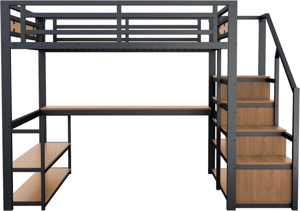Litera alta de metal de 140x200 con escalera de almacenamiento con estantes y escritorio, diseño de valla de seguridad con tablones de metal unidos, cama de estructura de hierro alta con marco de metal para un soporte estable (negro)