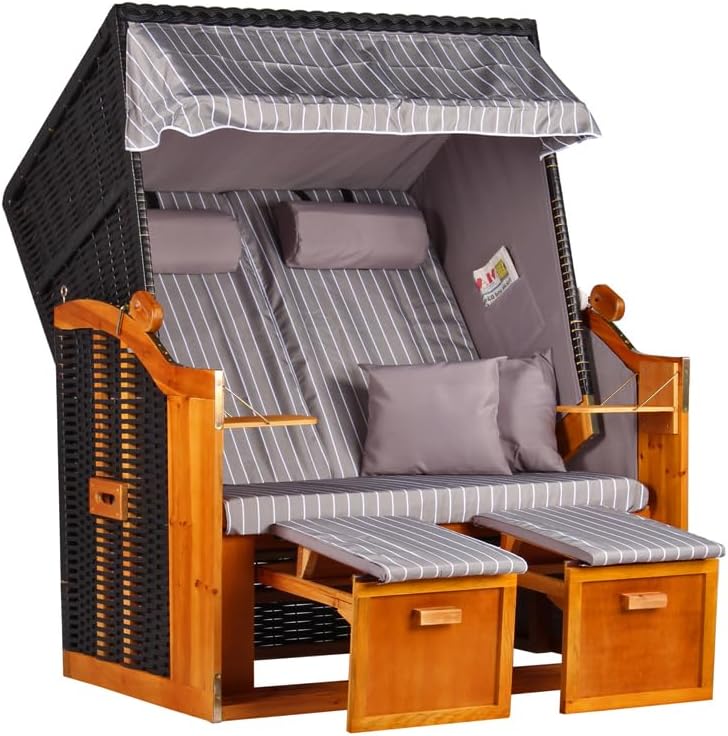 Strandkorb Ostsee Wacholder PE Negro (Diseño Royal Gris) | Strandkorb de 2 plazas resistente a la intemperie | Tumbona completa de madera dura para dos personas | Strandkörbs para balcón | Silla de playa para jardín