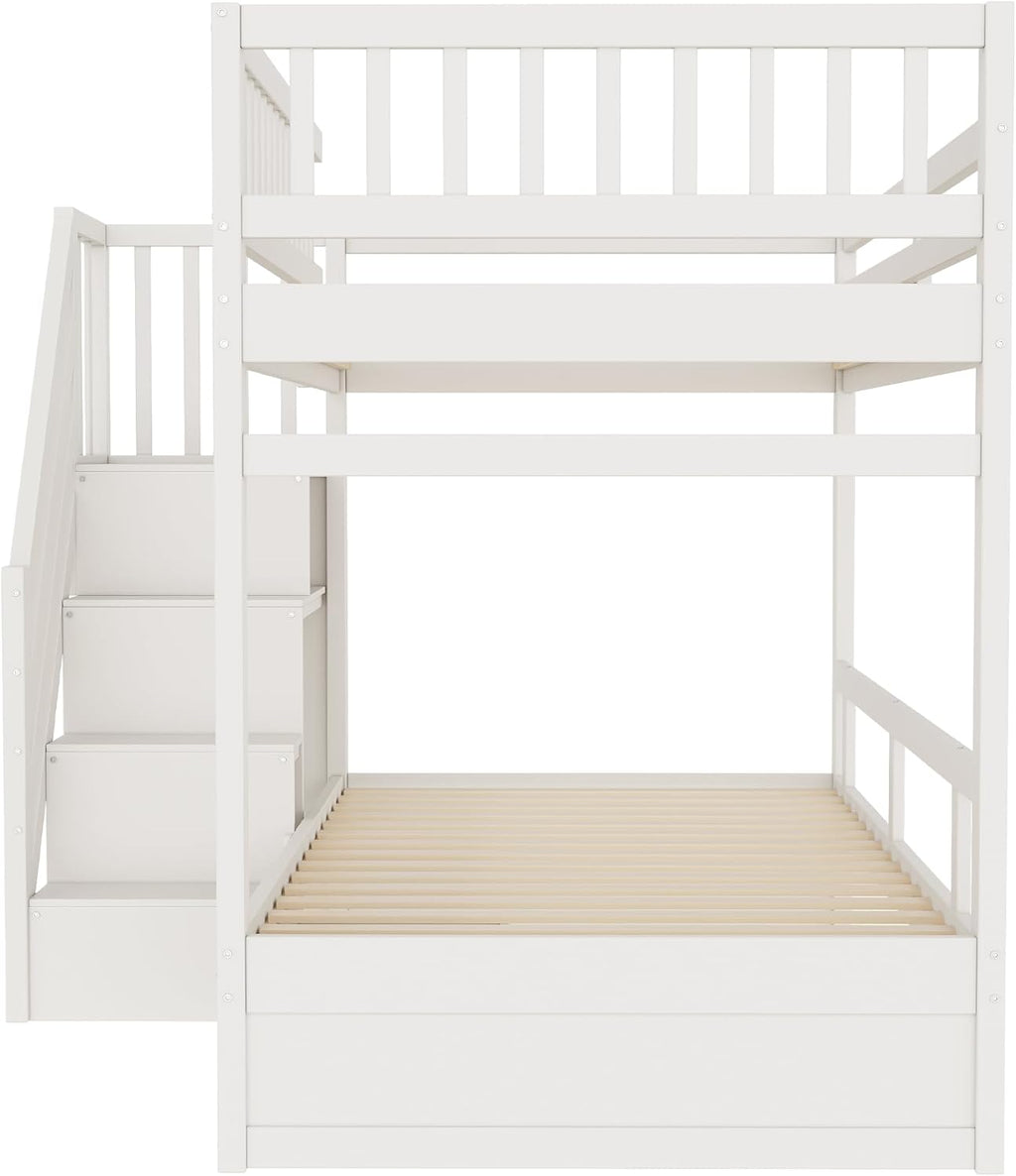 Cama infantil tipo litera 90x200 para 2 niños, cama alta con escalera, armario de almacenamiento y cajón, litera funcional de madera maciza para jóvenes con 2 somieres y protección anticaídas, sin colchón, blanca