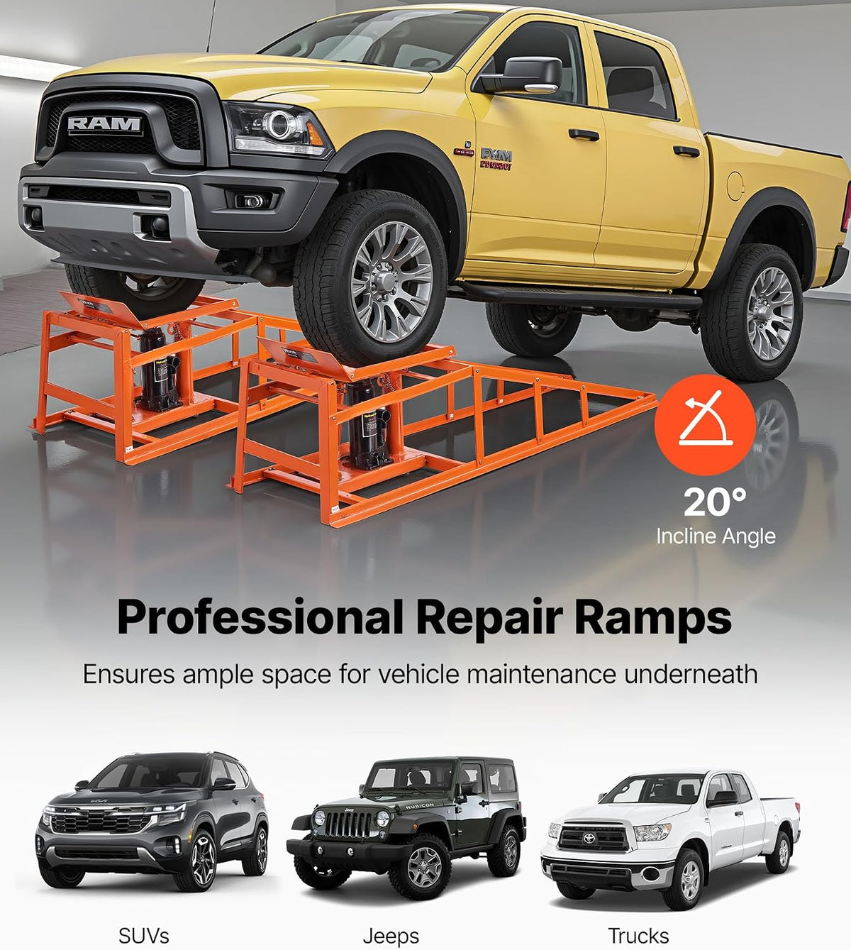 Rampas hidráulicas para coche VEVOR, 2 unidades, altura de elevación de 27-36 cm, rampas de servicio portátiles para mantenimiento de garaje, cambio de aceite y reparación de camiones, capacidad de carga de 1 t (por rampa)