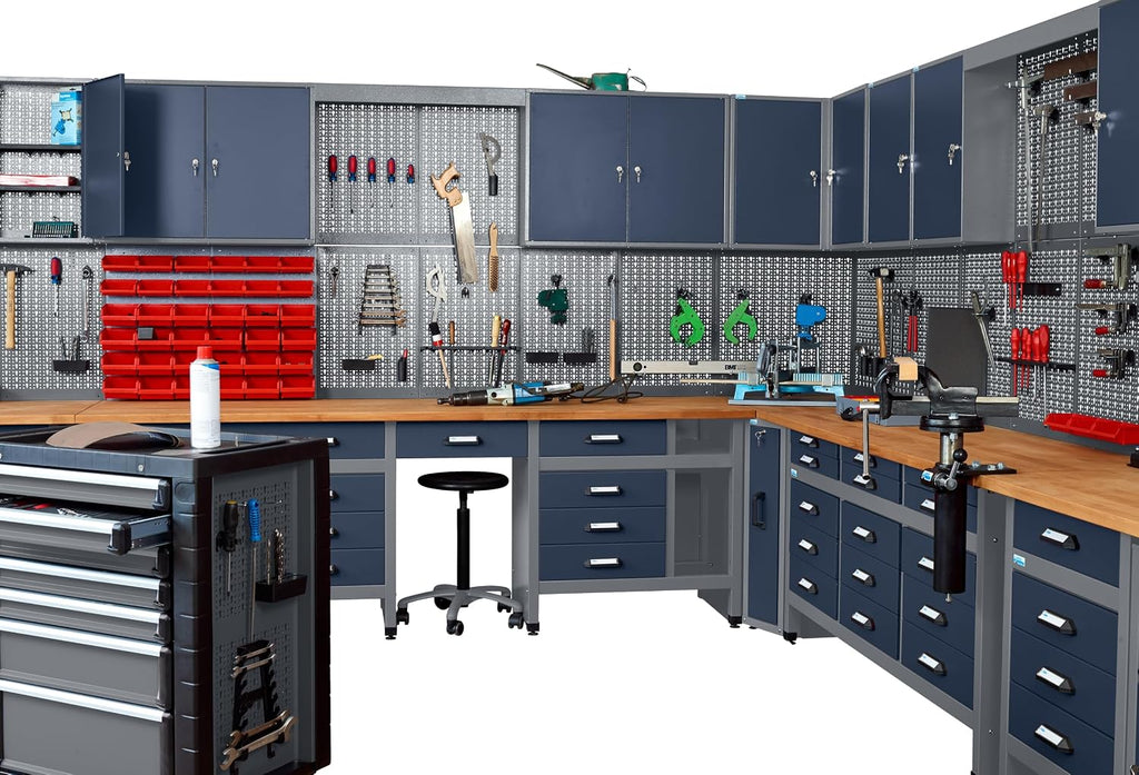 Banco de trabajo Küpper 12283, 240x84x60cm, 6 cajones, 2 puertas, 300 kg de capacidad de carga, tablero de trabajo de haya maciza de 30 mm (azul oscuro)