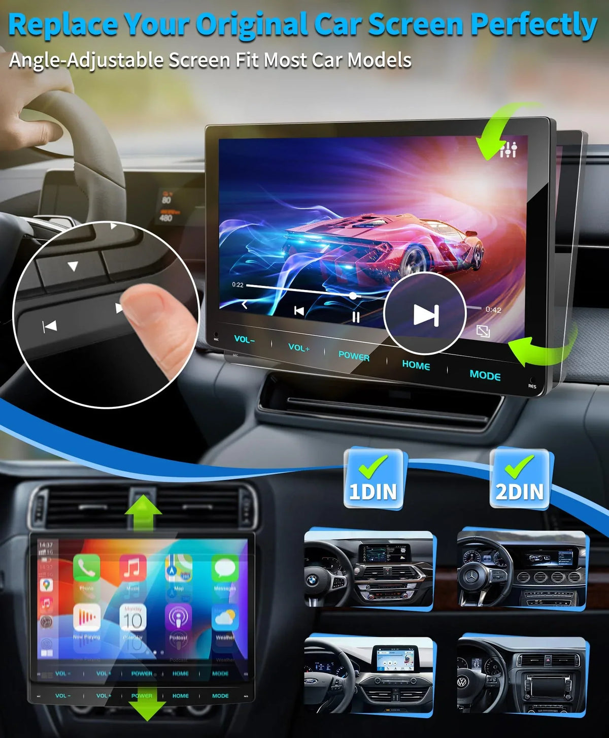 Autoradio Android 13 de 10,1 pulgadas, Apple CarPlay inalámbrico, Android Auto, navegación, DAB+, 1 DIN, Bluetooth, 8 núcleos, 32 GB, WiFi, 4G, GPS, cámara de visión trasera