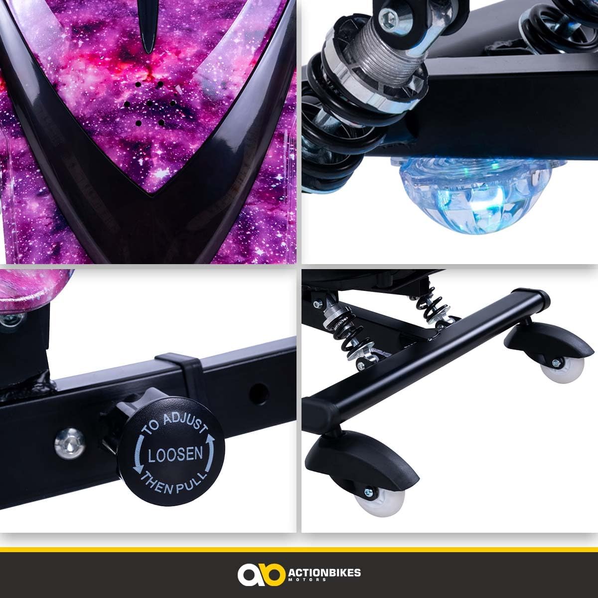 Actionbikes Motors Patinete Eléctrico Infantil para Derrapes | Motor de 𝟐𝟓𝟎 W - Carrito de Derrape 360° - 3 Niveles de Velocidad - Iluminación LED - Asiento Ajustable - Bluetooth - Kart de Derrape - Coche de Derrape (Space Purple)