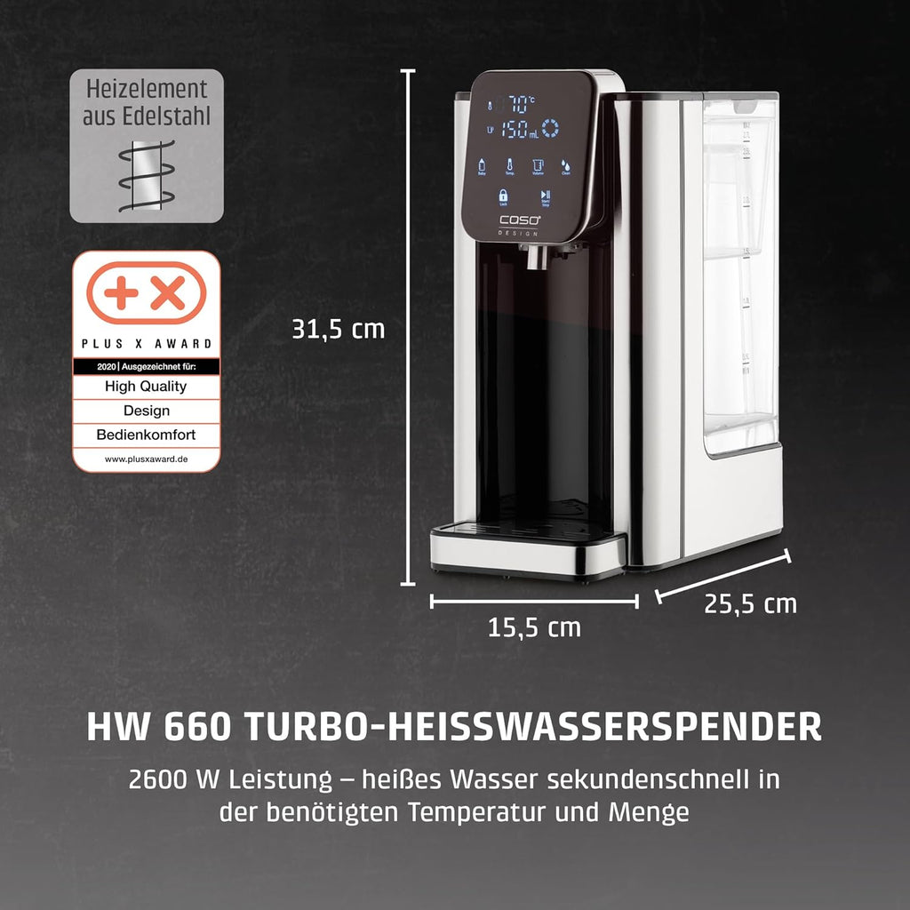 Dispensador de agua caliente CASO HW 660: agua caliente en pocos segundos, ahorra hasta un 50% de energía en comparación con los hervidores de agua, 8 niveles de cantidad, apto para comida de bebé, recordatorio de descalcificación integrado