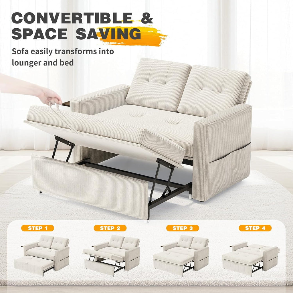 YOUDENOVA Sofá Cama 3 en 1, Sillón Cama multifuncional, Sofá reclinable con respaldo ajustable en 5 posiciones, Sofá cama para 2 personas con mesa y bolsillos laterales, Pana beige