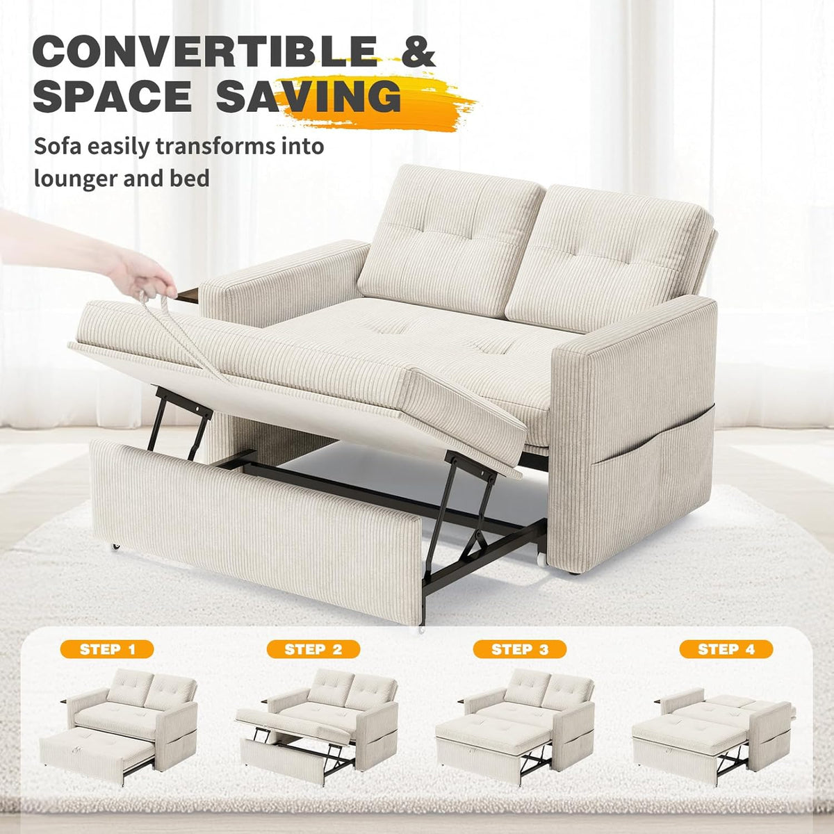 YOUDENOVA Sofá Cama 3 en 1, Sillón Cama multifuncional, Sofá reclinable con respaldo ajustable en 5 posiciones, Sofá cama para 2 personas con mesa y bolsillos laterales, Pana beige