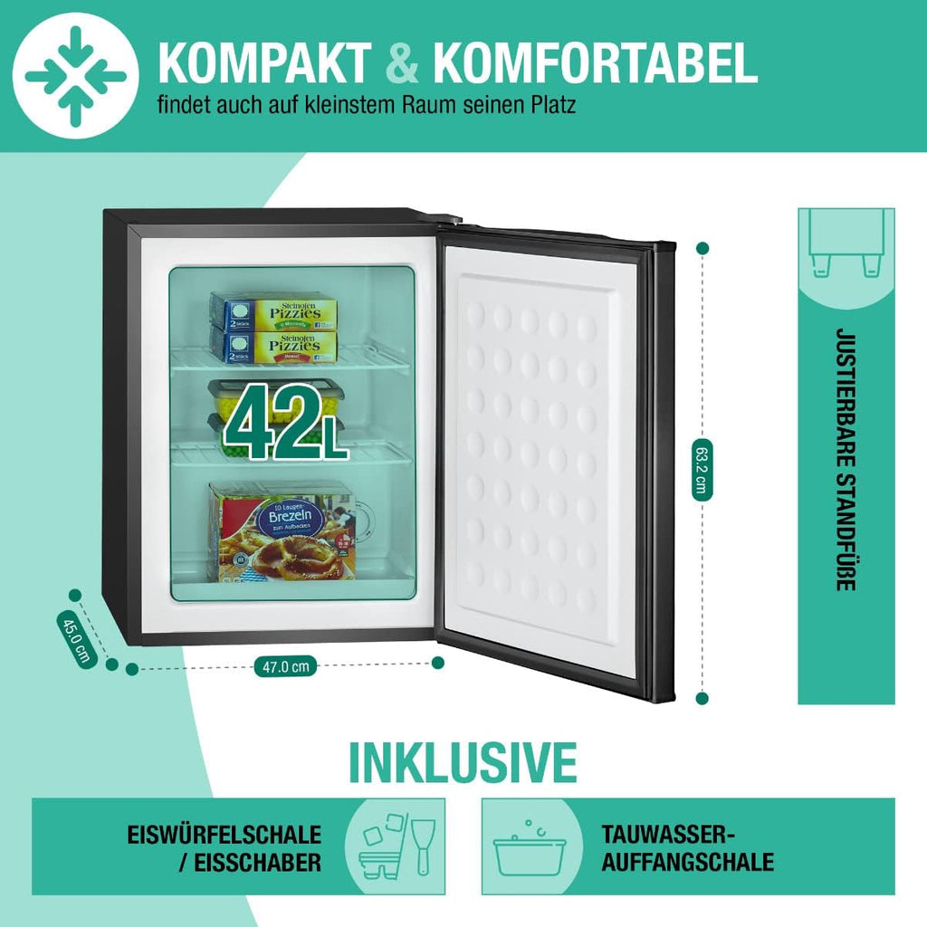 Congelador pequeño Bomann con 42 L de capacidad útil, minicongelador con 2 estantes de rejilla extraíbles, congelador con puerta reversible y regulación de temperatura continua, GB 7236 negro