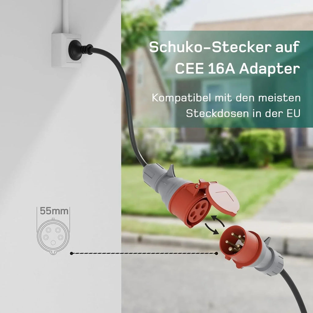 Wallbox móvil 11kW Tipo 2 10m trifásico 6-16A CEE 400V Cargador EV Potencia de carga ajustable Control por app