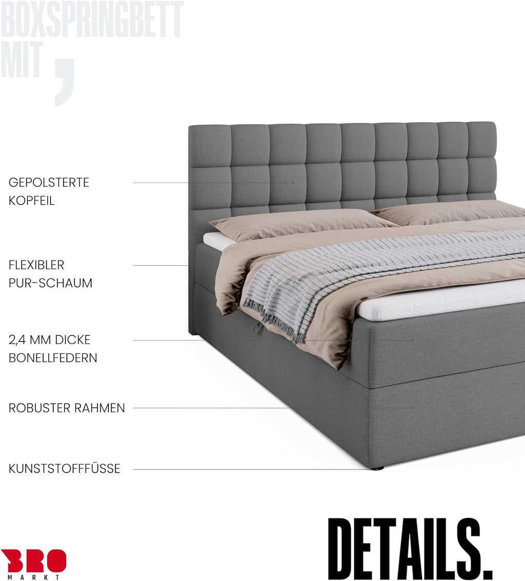 Cama boxspring BROMARKT con arcón, cama tapizada con colchón Bonell y topper, cama para dormitorio, cabecero acolchado, modelo Dakota, muelles Bonell, 180x200, grado de firmeza H3, gris Malmo