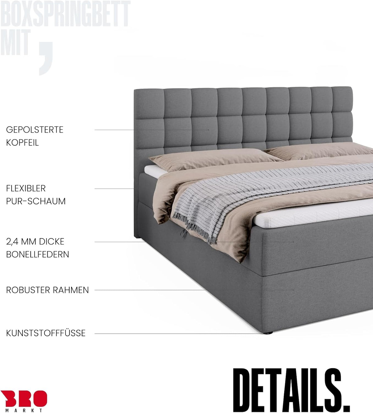 Cama boxspring BROMARKT con arcón, cama tapizada con colchón Bonell y topper, cama para dormitorio, cabecero acolchado, modelo Dakota, muelles Bonell, 180x200, grado de firmeza H3, gris Malmo