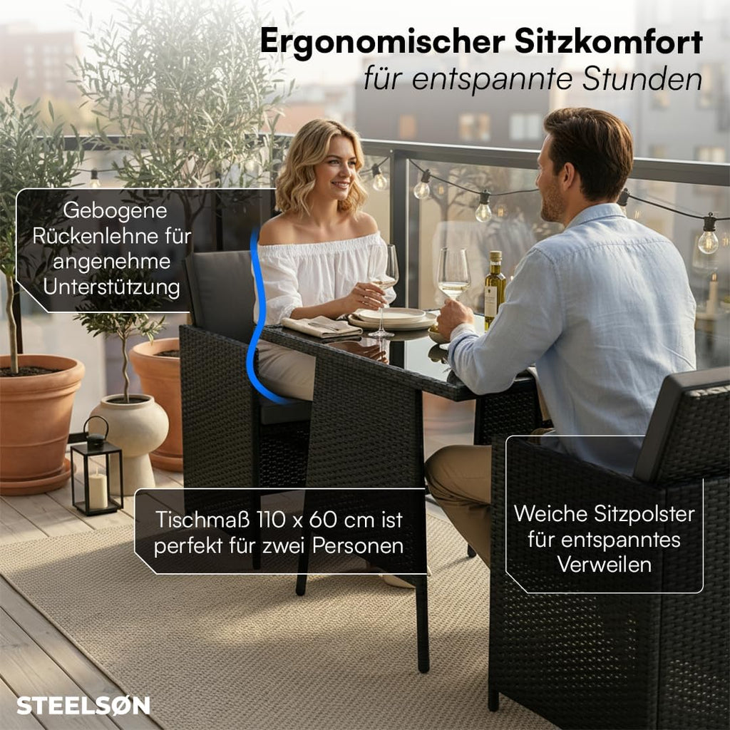 STEELSØN Xenara Conjunto de comedor de 3 piezas, 2 personas, negro/antracita, ratán