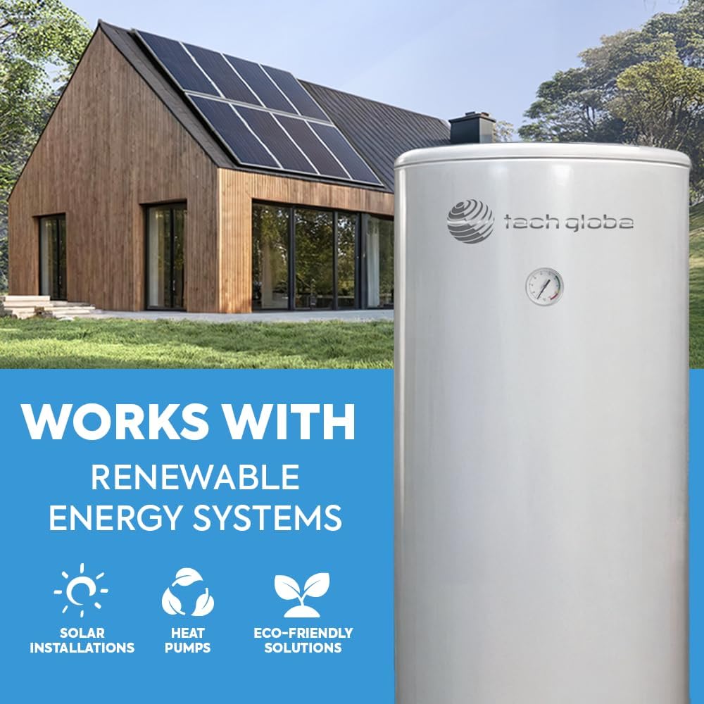 TECHGLOBE - Acumulador de agua sanitaria con 2 intercambiadores de calor (1,8 + 3,1 m²) - Fabricado completamente en acero inoxidable - Acumulador de agua caliente eficiente energéticamente - con aislamiento de 50 mm (300 L)
