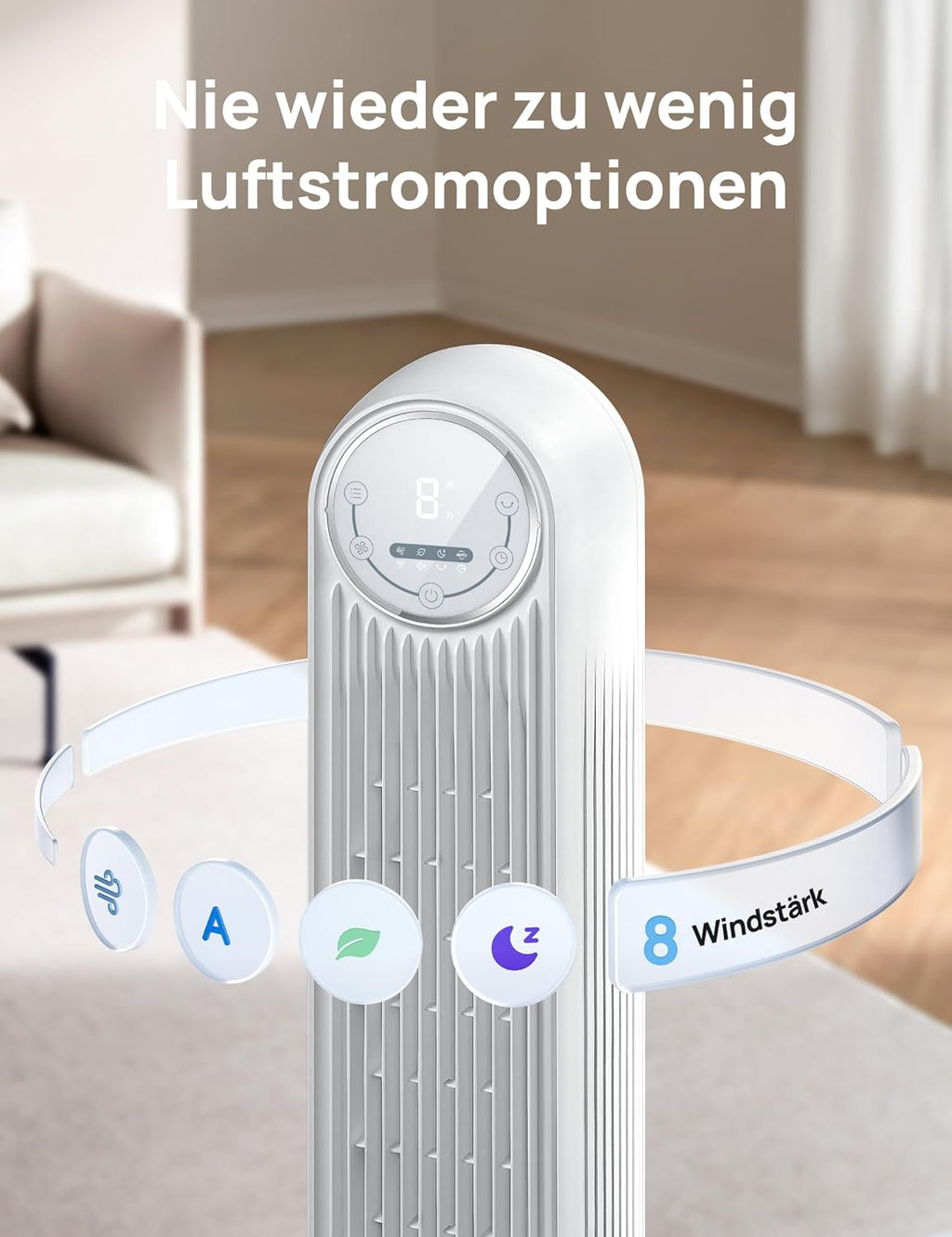 Ventilador de torre inteligente Dreo, 20 dB ultra silencioso, alcance de 10 m, 4 velocidades, 4 modos, temporizador de 8 h, oscilación de 90°, ventilación con refrigeración, Wi-Fi y mando a distancia para dormitorio, Nomad OneS, blanco