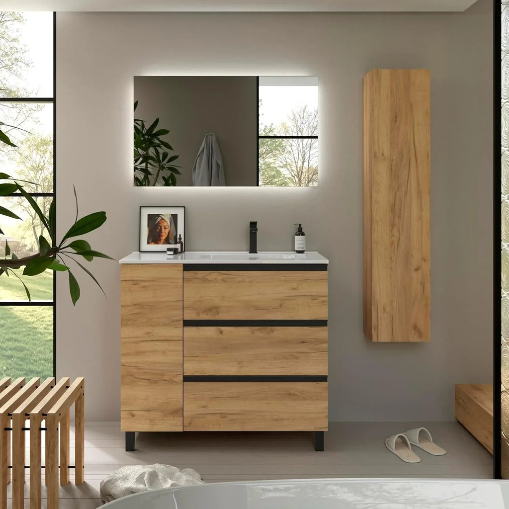 Mueble de baño BEQUIA Plus Metal 3 cajones 90 cm Roble | Lavabo porcelana grifo derecha