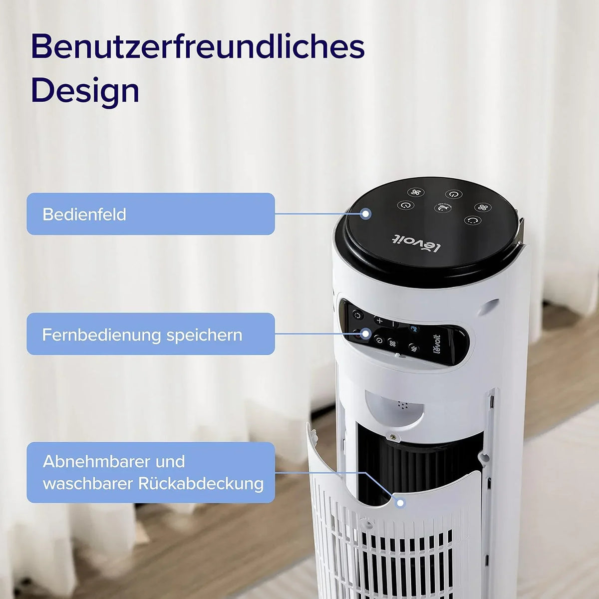 Levoit LTF-F422-WEU Ventilador de torre 107,6 cm – 12 niveles, 4 modos, 25 dB, oscilación de 90°, blanco perla