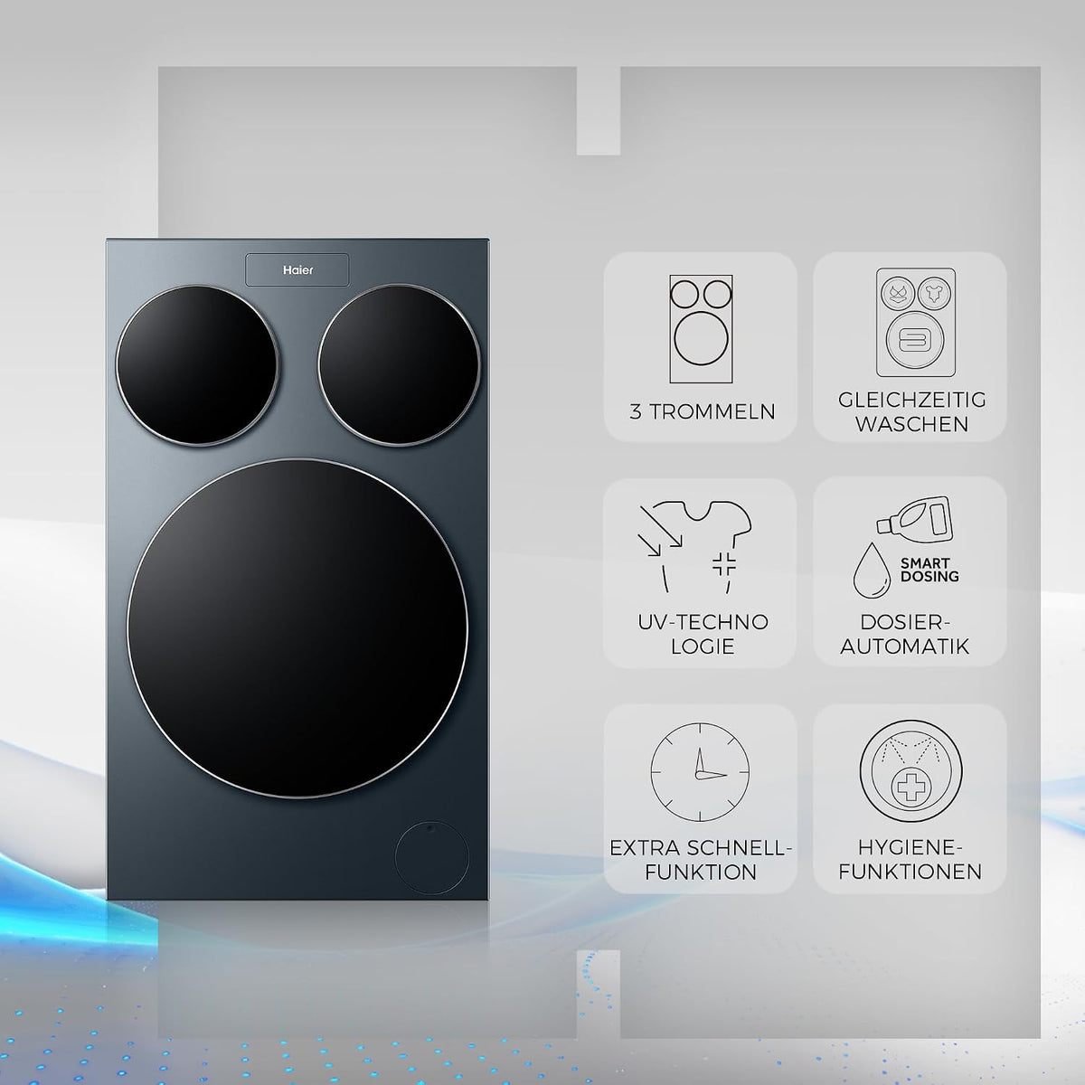 Lavadora Haier MultiWash 10+1+1kg I 3 tambores I Clase energética A, 1400 rpm, motor inverter, programa automático, higiene UV, dosificación automática, Aquastop I HAMQD 410CBL9GN-84