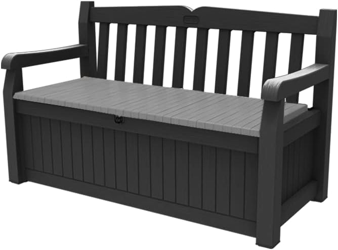 Banco de jardín Keter Eden para balcón y jardín, banco con arcón integrado de 265 l de capacidad, 140x60x84 cm, resistente a la intemperie, de fácil mantenimiento, gris, exterior, efecto madera