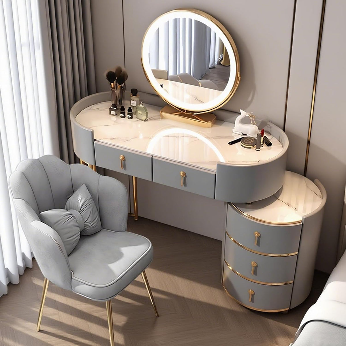 Tocador de maquillaje grande blanco, mesa de cosméticos con espejo de iluminación de 3 modos de color y taburete, mesa de maquillaje, tocador con 5 cajones, tocador de montaje flexible (Gris B, 100 cm)