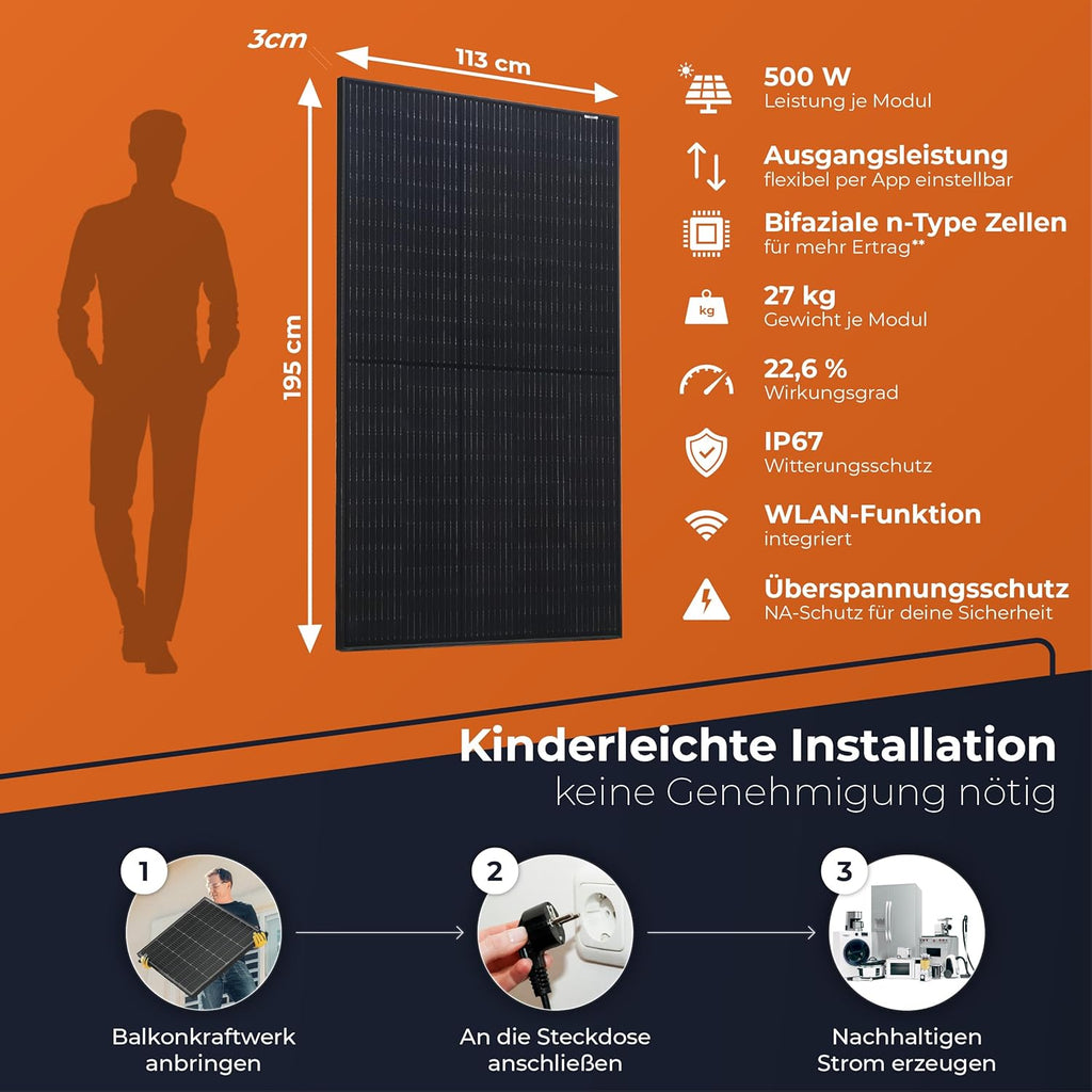 Solarway® 1000Wp / 800W sistema solar para balcón, kit completo para enchufe - nuevo microinversor EcoFlow Stream de 800 vatios - kit completo de sistema solar - paneles solares bifaciales negros de 500W, EcoFlow y accesorios