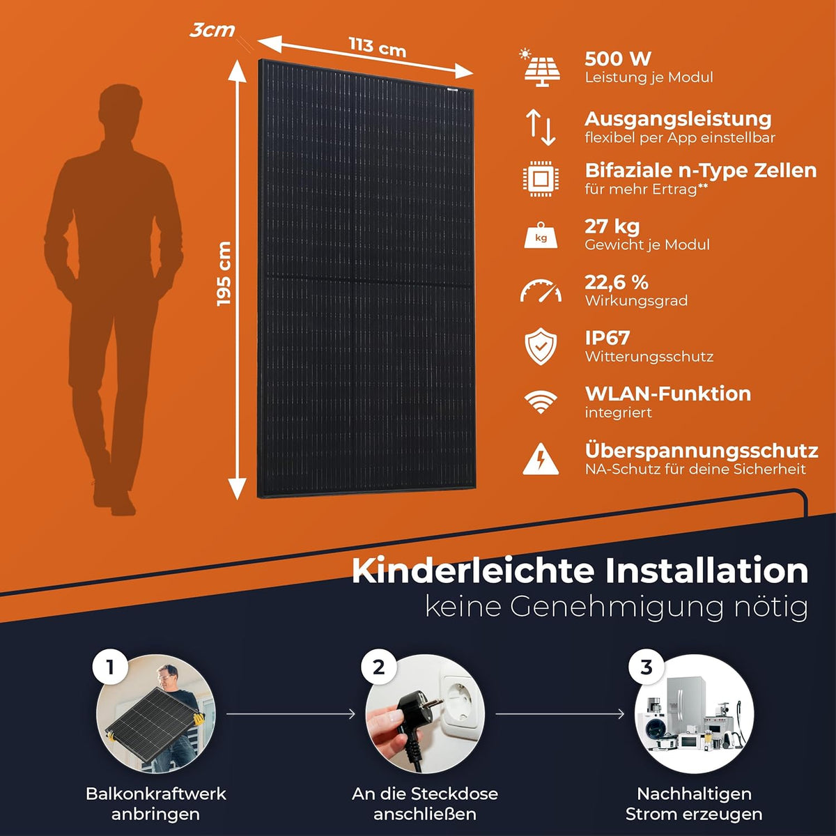 Solarway® 1000Wp / 800W sistema solar para balcón, kit completo para enchufe - nuevo microinversor EcoFlow Stream de 800 vatios - kit completo de sistema solar - paneles solares bifaciales negros de 500W, EcoFlow y accesorios