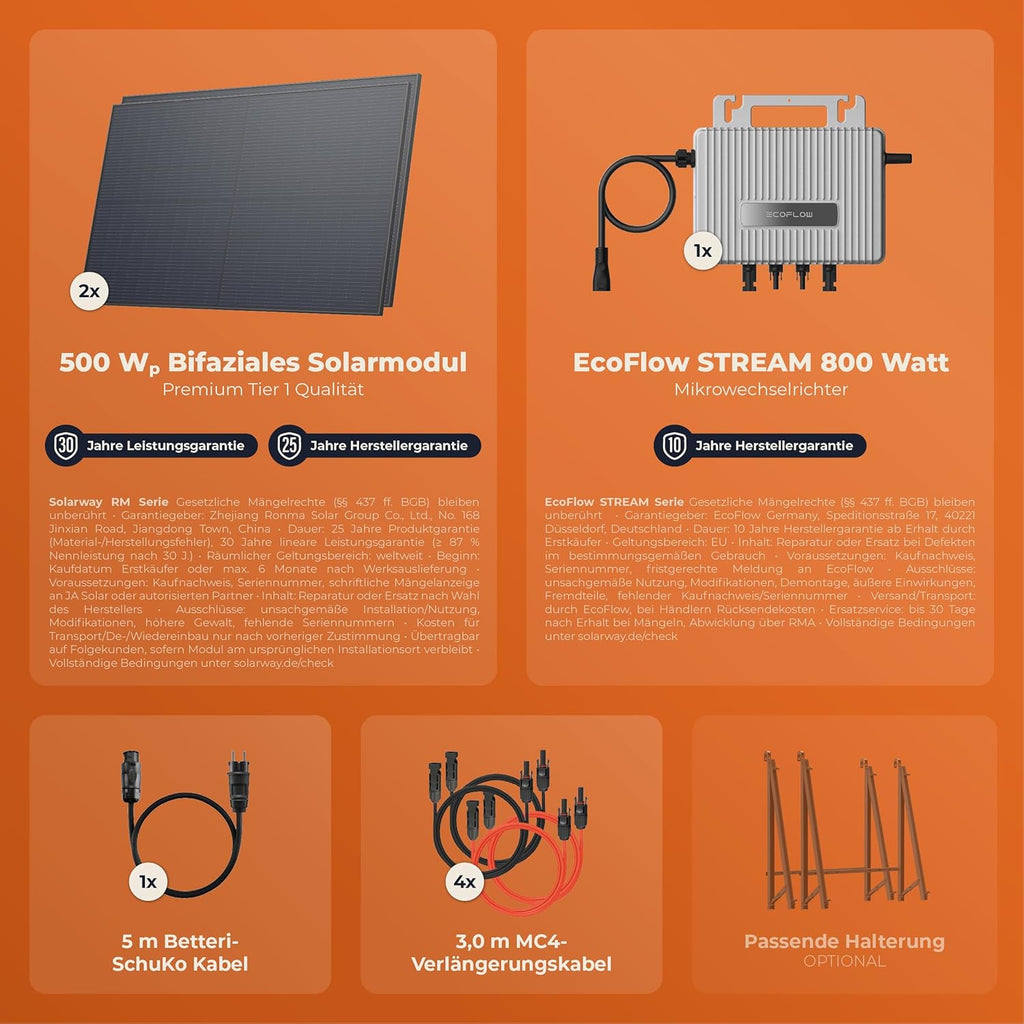 Solarway® 1000Wp / 800W sistema solar para balcón, kit completo para enchufe - nuevo microinversor EcoFlow Stream de 800 vatios - kit completo de sistema solar - paneles solares bifaciales negros de 500W, EcoFlow y accesorios